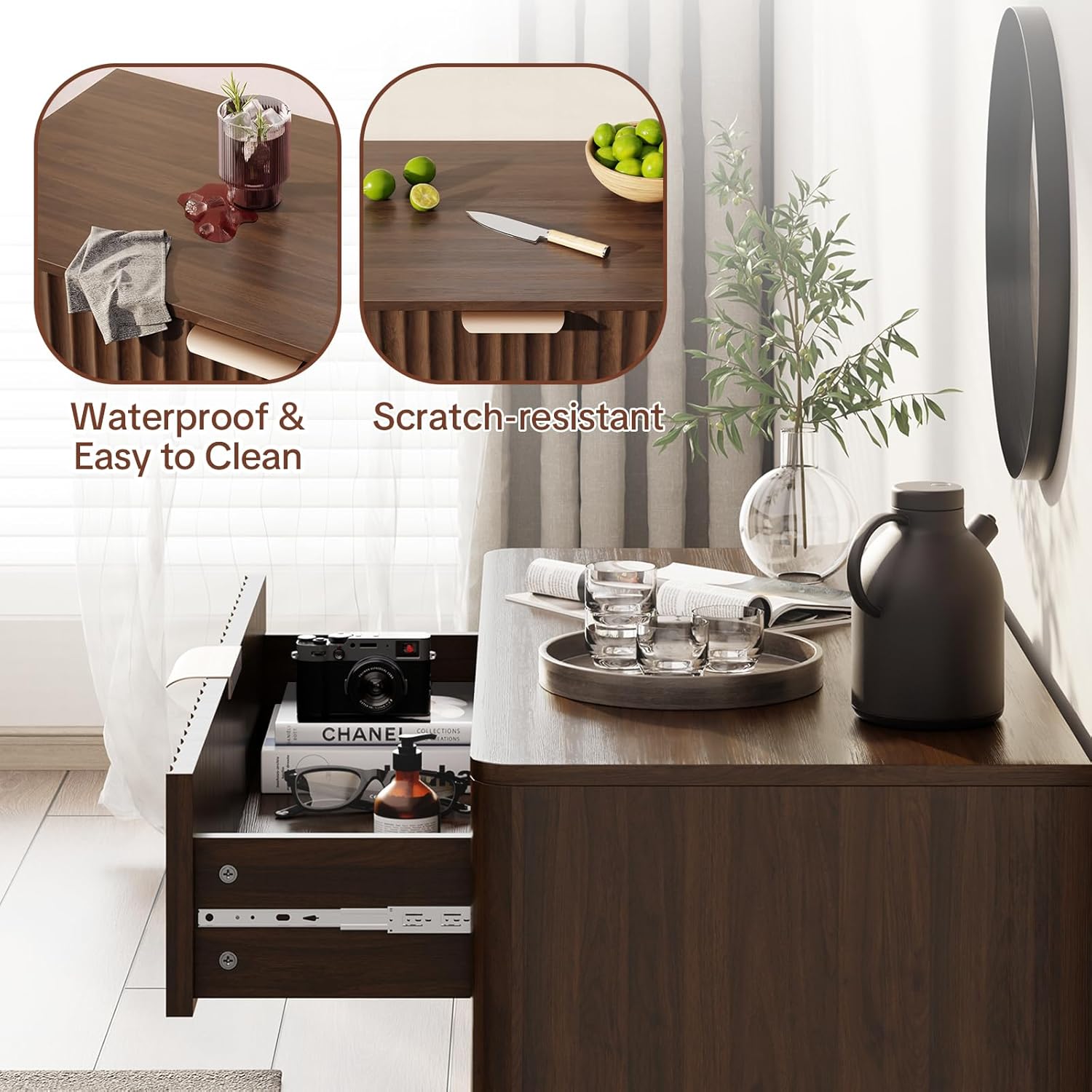 Fluted Buffet Cabinet with Storage - Modern Sideboard Accent Credenza with Doors & Drawer Wood Console Coffee Table Bar Counter for Living Room Kitchen Dining Room Entryway, Easy Assembly 31" Walnut