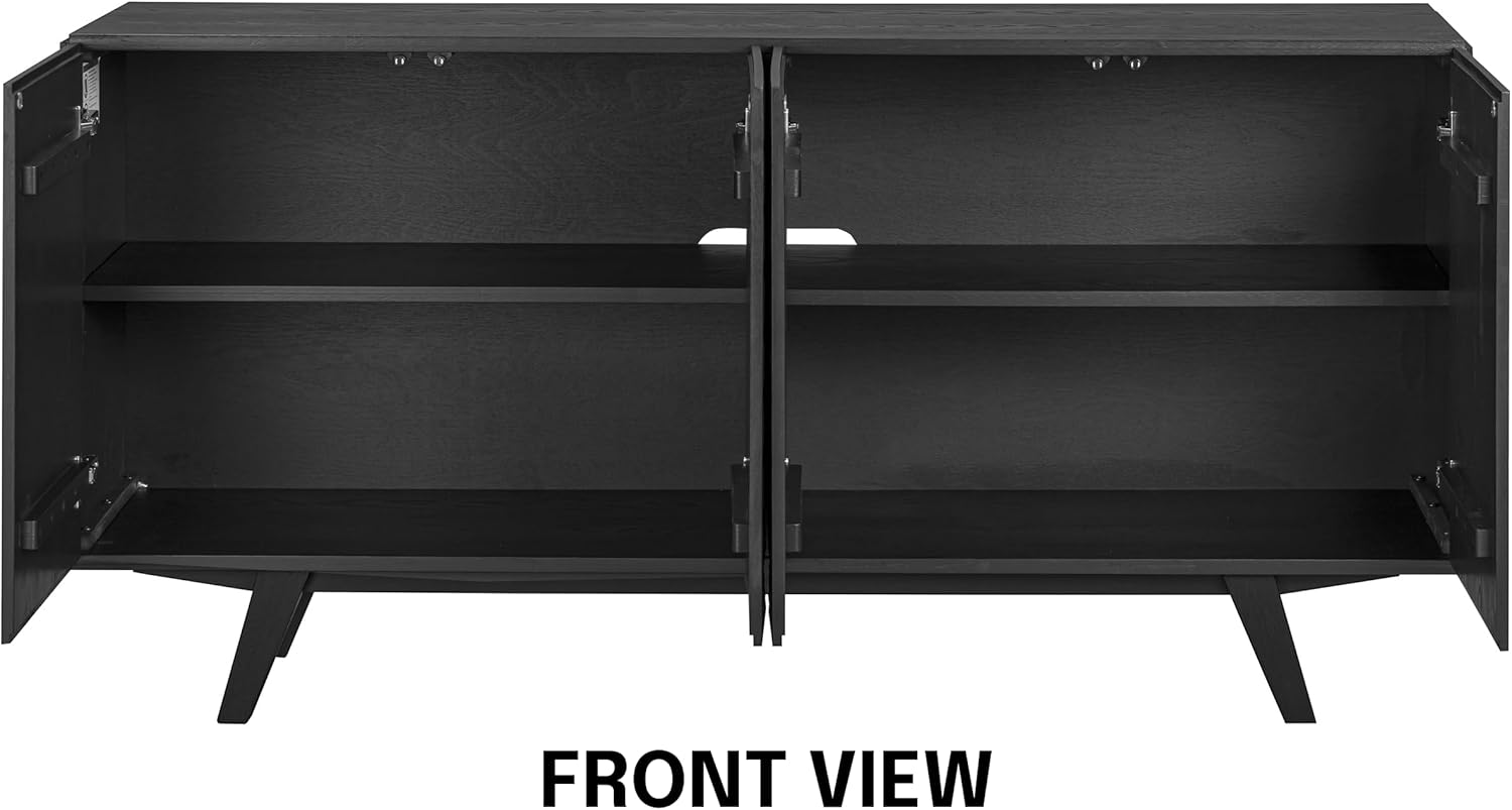 NTC Sapa Mid-Century Modern Solid Wood Sideboard – 4-Door Accent Buffet Cabinet with Carved Geometric Fronts, for Living Room, or Entryway, Effortless Assembly, Burnt Black