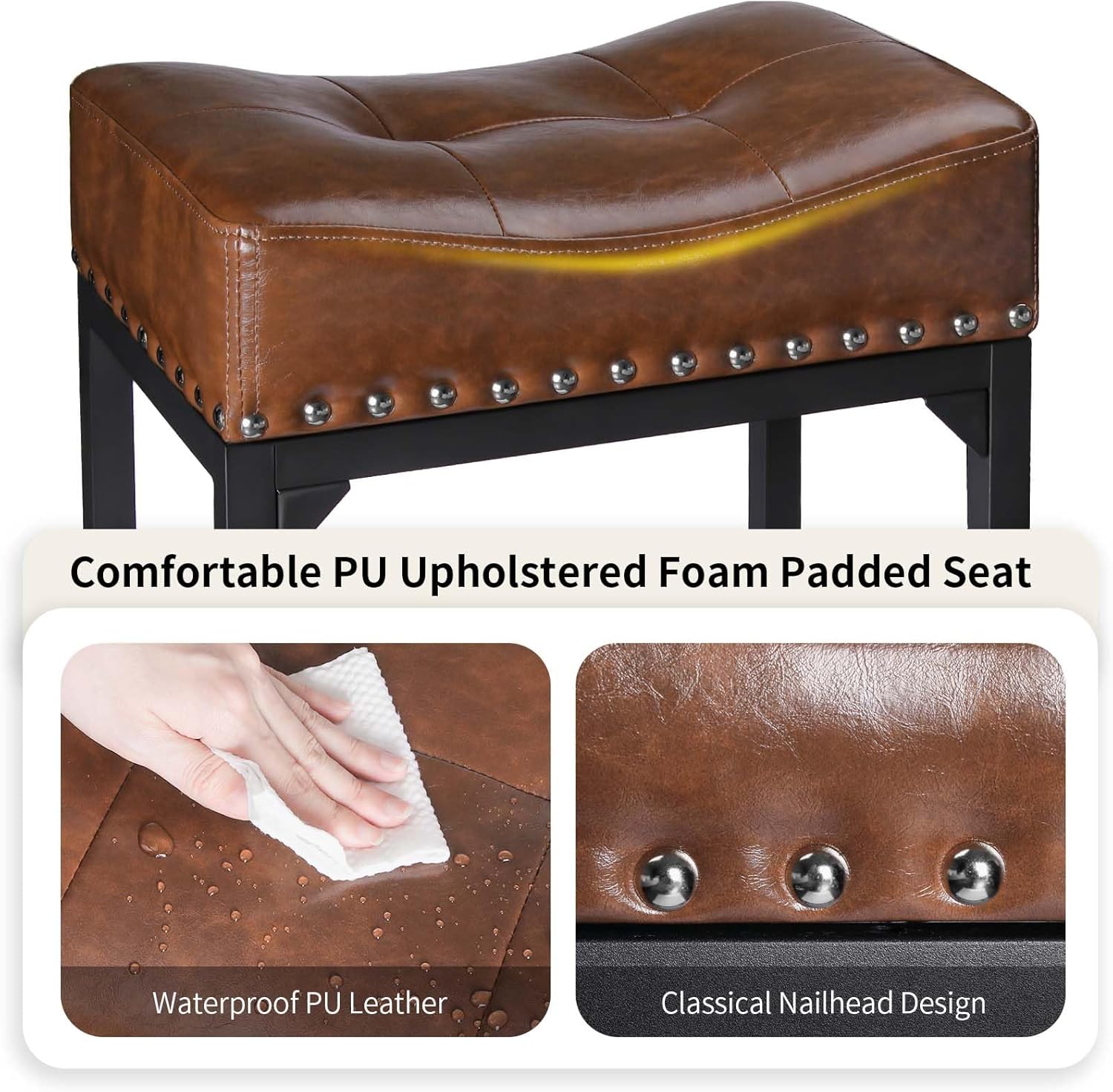 Bar Stools Set of 3, Counter Height Bar Stools for Kitchen Counter, 24 Inch Saddle Backless Barstools Kitchen Stool, Counter Height Stool for Dinning Room, Island-Brown