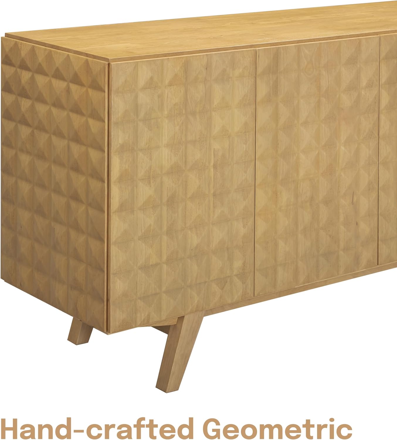 NTC Sapa Mid-Century Modern Solid Wood Sideboard – 4-Door Accent Buffet Cabinet with Carved Geometric Fronts, for Living Room, or Entryway, Effortless Assembly, Sand