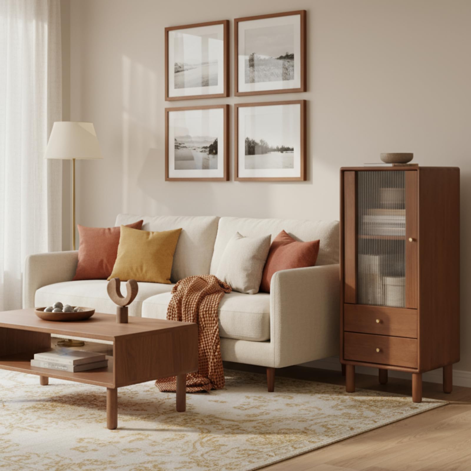 Sideboard Buffet Cabinet with Storage, 100% Solid Rubberwood Wood Coffee Bar with Glass Door & 2 Drawers, Wooden Kitchen Display Cabinet with Adjustable Shelf for Dining Room, Living Room