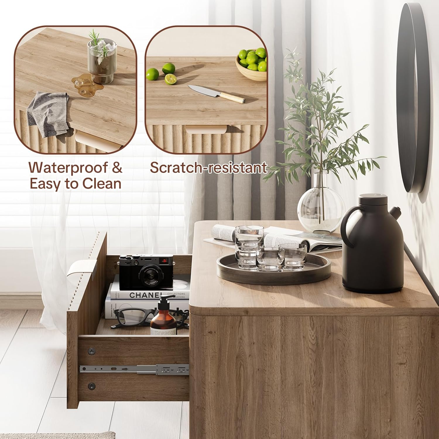 Fluted Buffet Cabinet with Storage - Modern Sideboard Accent Credenza with Doors & Drawer Wood Console Coffee Table Bar Counter for Living Room Kitchen Dining Room Entryway, Easy Assembly 31" Oak