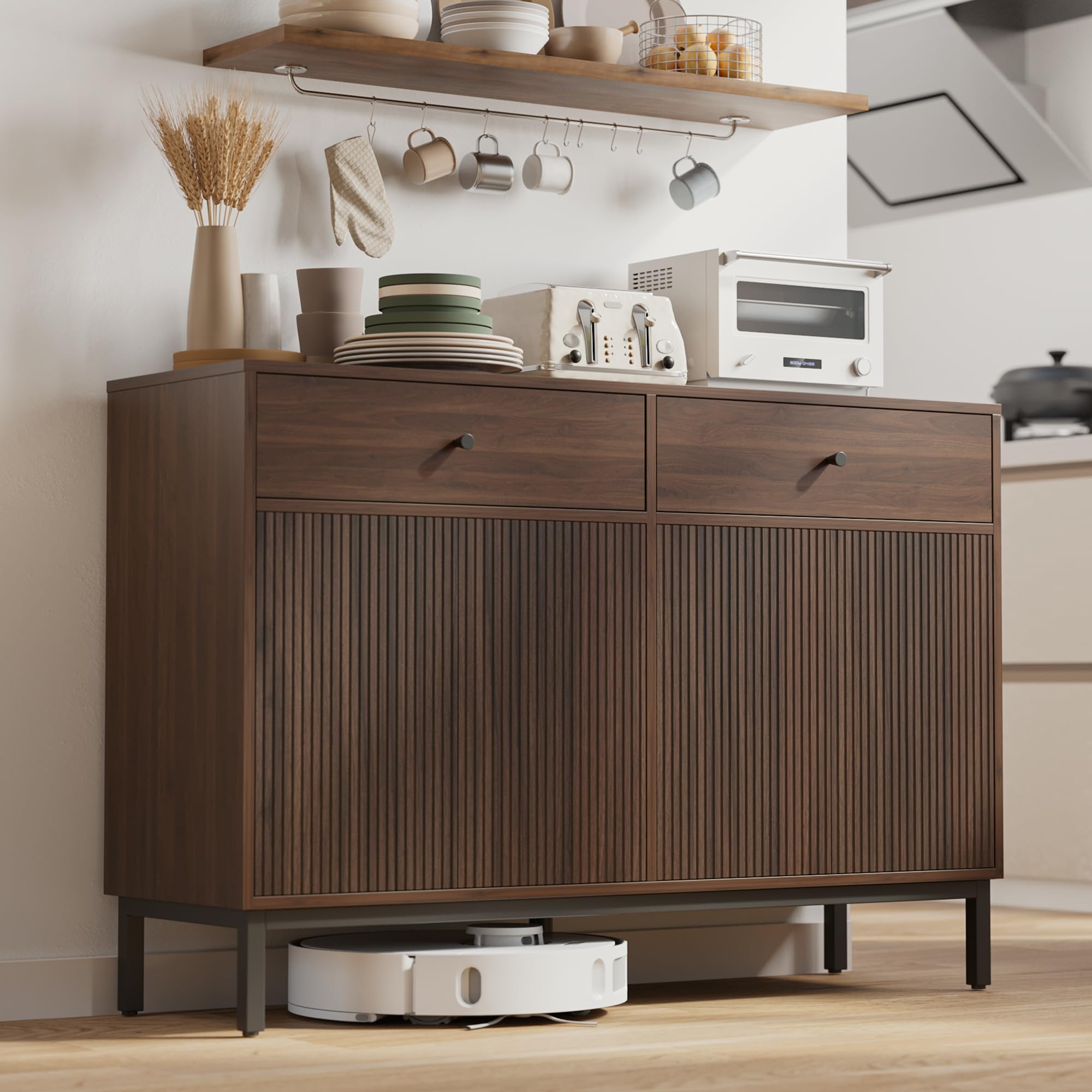 Mericonia Farmhouse Buffet Sideboard Cabinet with Storage, Fluted Coffee Bar with Doors and Adjustable Shelves, Modern Wood Console Cabinet for Kitchen, Livingroom (Fluted 4 Door, Natural)