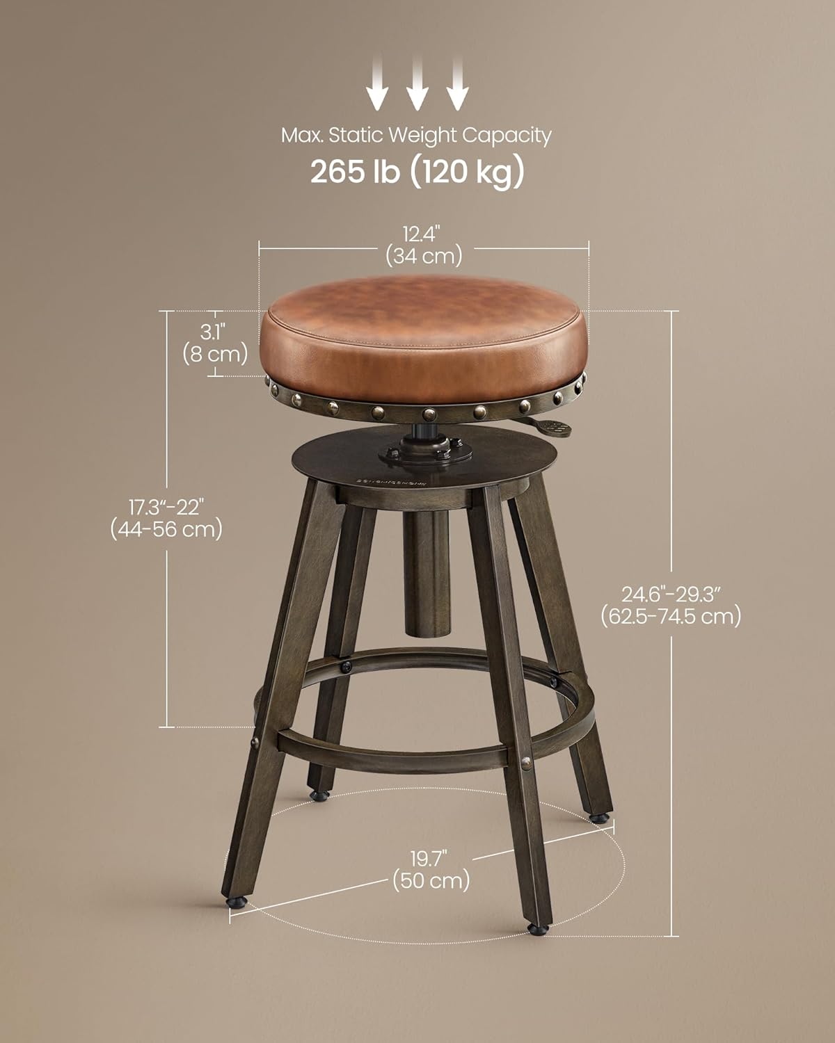 SONGMICS Home Bar Stools, Set of 2, Steampunk Counter Stool for Kitchen, Adjustable Height and Swivel Padded Seat, Workbench Stool, 16.5 x 19.3 x 24.6-29.3 Inches, Caramel Brown ULJB096K01