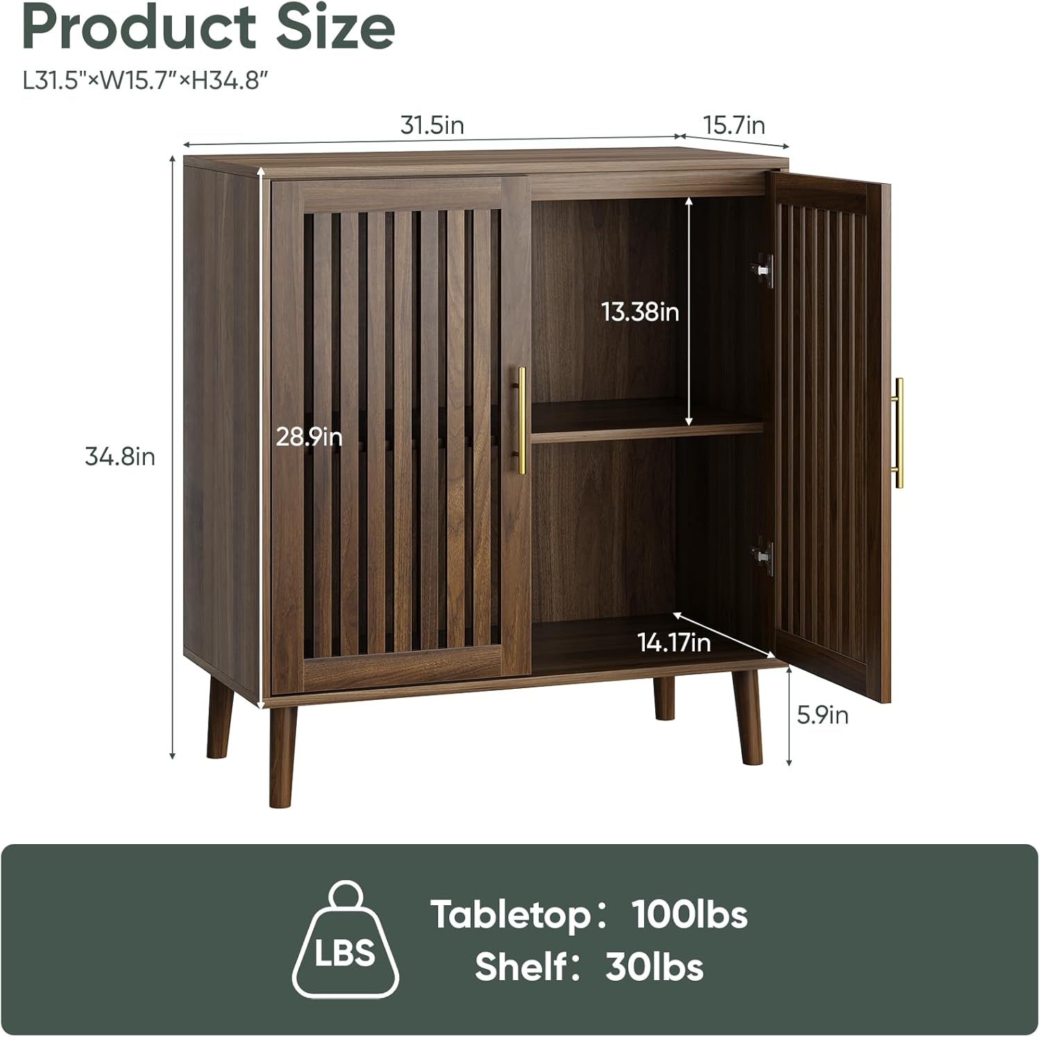 Sideboard Cabinet, 31.5" W Farmhouse Buffet Cabinet with Slatted Doors & Adjustable Shelf, Wood Coffee Bar Storage Station for Kitchen, Dining Room, Living Room, Entryway, Walnut Color