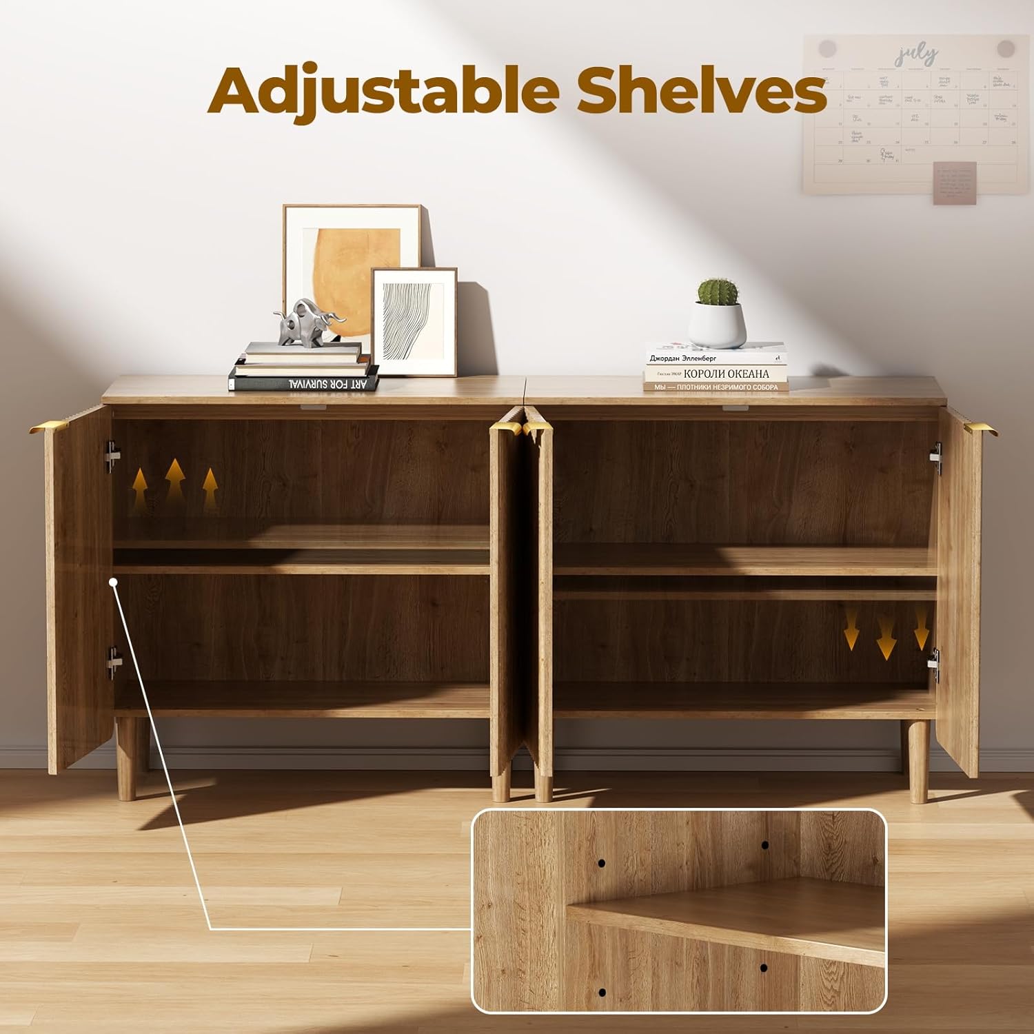 Sideboard Buffet Storage Cabinet - Wood Cabinets with Adjustable Shelves Fluted Doors, Anti-Tip Console Table for Kitchen Dining Living Room or Entryway Hallway, Easy Assembly, Natural