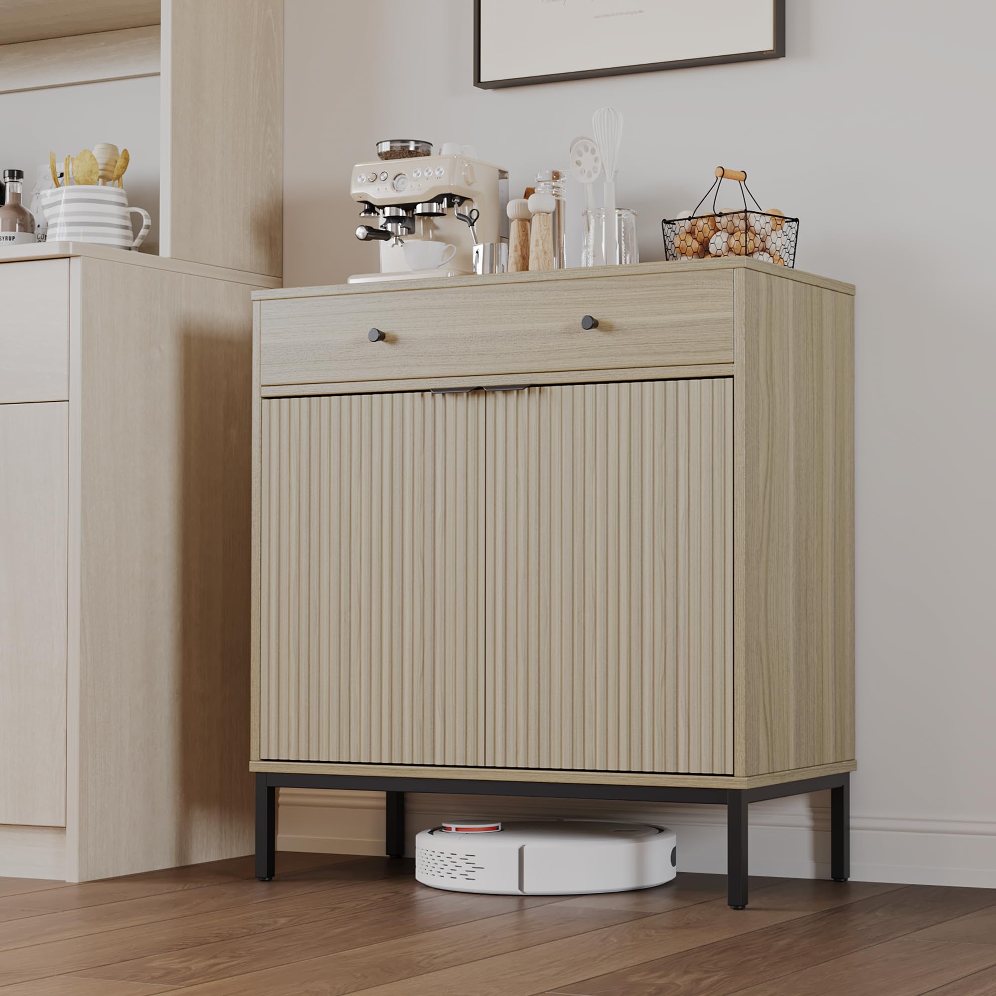 Mericonia Farmhouse Buffet Sideboard Cabinet with Storage, Fluted Coffee Bar with Doors and Adjustable Shelves, Modern Wood Console Cabinet for Kitchen, Livingroom (Fluted 4 Door, Natural)