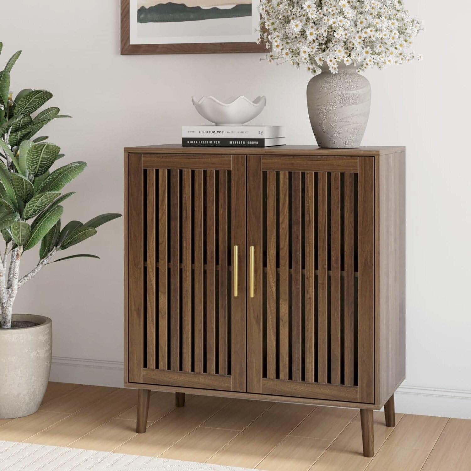 Sideboard Cabinet, 31.5" W Farmhouse Buffet Cabinet with Slatted Doors & Adjustable Shelf, Wood Coffee Bar Storage Station for Kitchen, Dining Room, Living Room, Entryway, Walnut Color