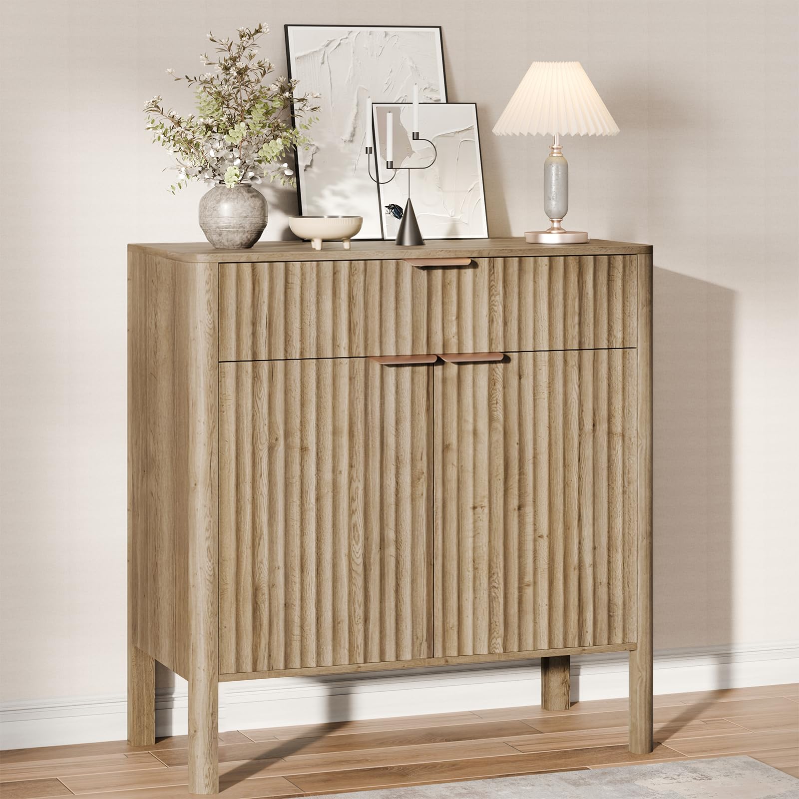 Fluted Buffet Cabinet with Storage - Modern Sideboard Accent Credenza with Doors & Drawer Wood Console Coffee Table Bar Counter for Living Room Kitchen Dining Room Entryway, Easy Assembly 31" Walnut