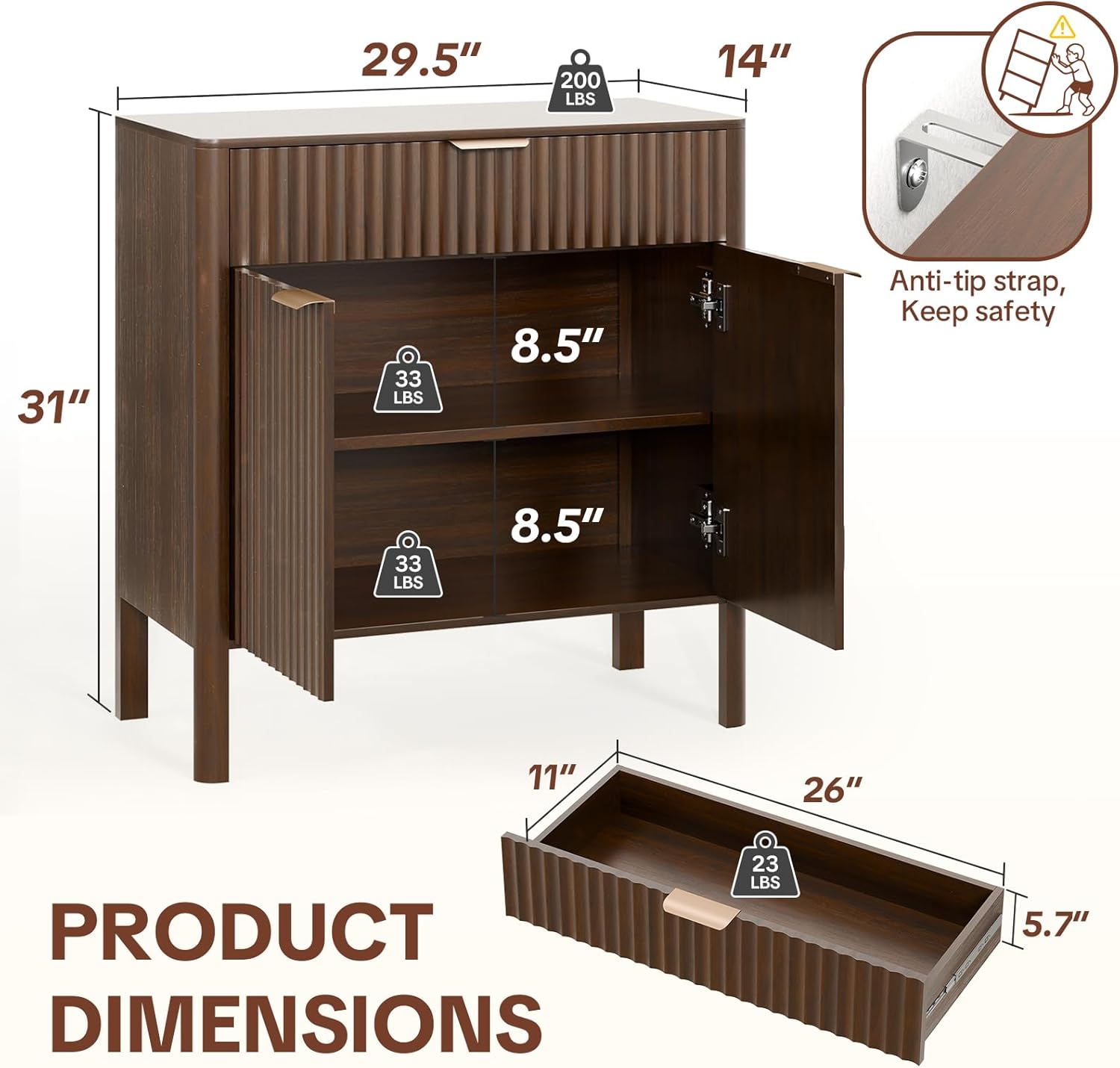 Fluted Buffet Cabinet with Storage - Modern Sideboard Accent Credenza with Doors & Drawer Wood Console Coffee Table Bar Counter for Living Room Kitchen Dining Room Entryway, Easy Assembly 31" Walnut