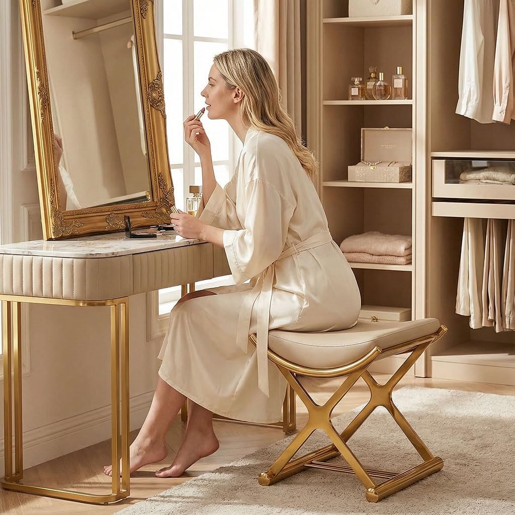 Modern Bathroom Vanity Stool Makeup Chair - Backless Leather Vanity Bench Seat with Metal X Legs, Small Ottoman Footstool for, Bedroom, Living Room, Dressing Room, Gold