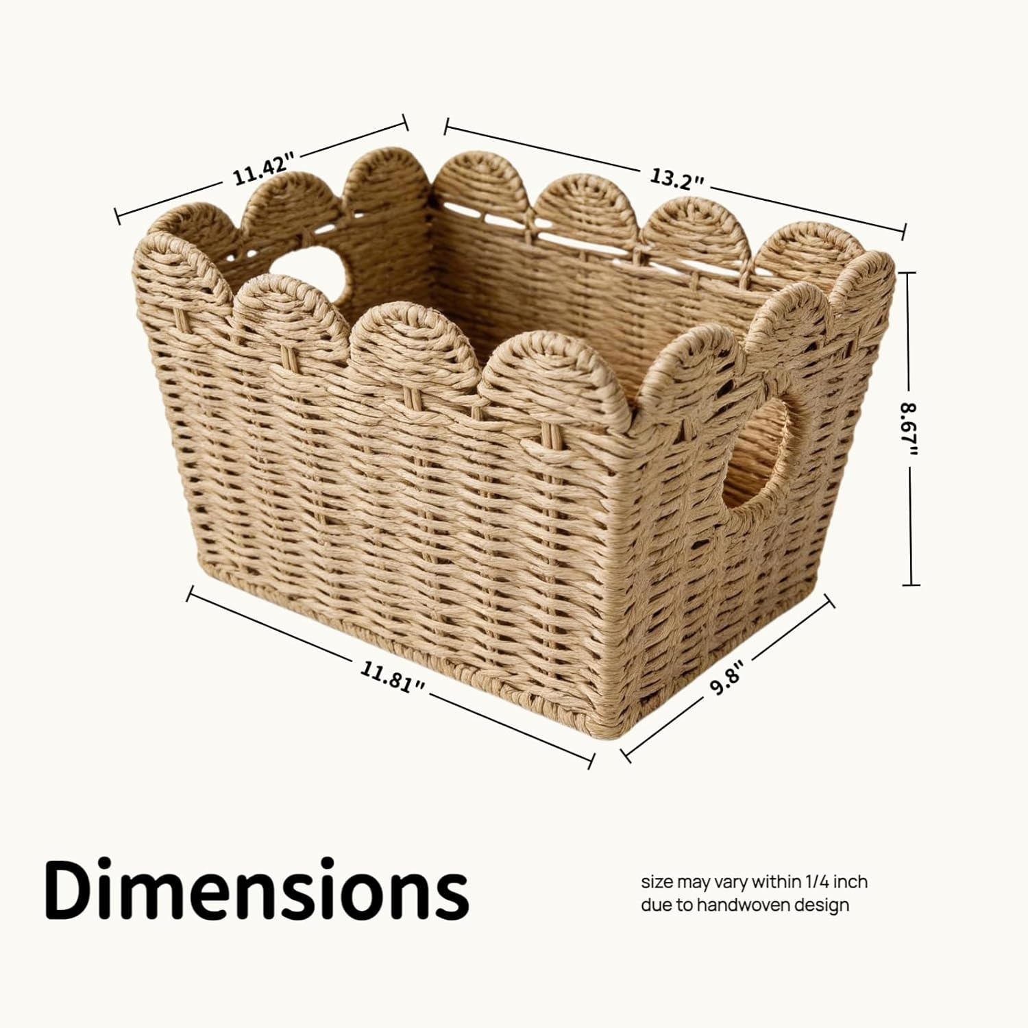 2 Pack Scalloped Wicker Baskets for Shelves, Paper Rope Storage Baskets for Organizing with Handles, Decorative Woven Baskets for Bathroom, Closet, Nursery