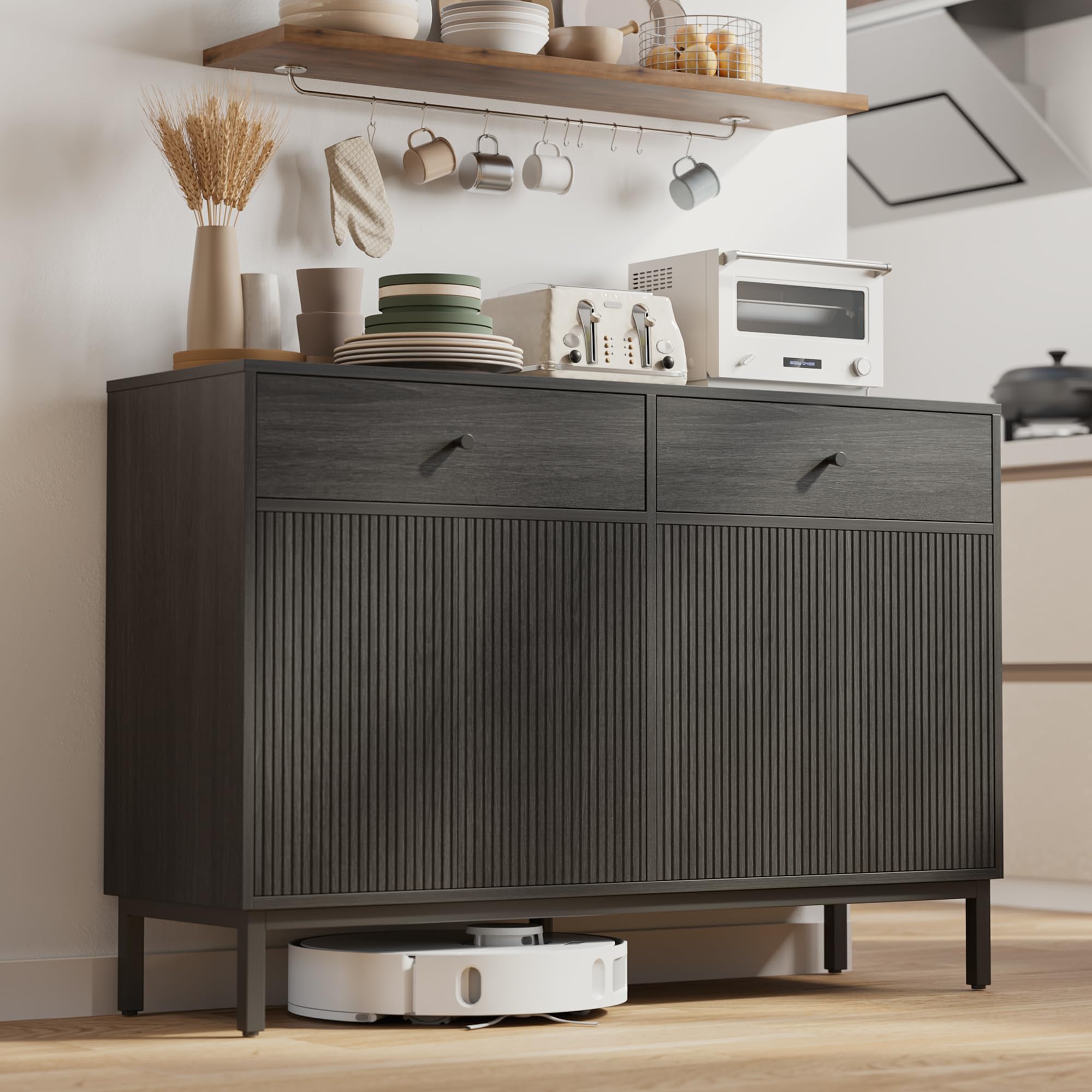 Mericonia Farmhouse Buffet Sideboard Cabinet with Storage, Fluted Coffee Bar with Doors and Adjustable Shelves, Modern Wood Console Cabinet for Kitchen, Livingroom (Fluted 4 Door, Natural)