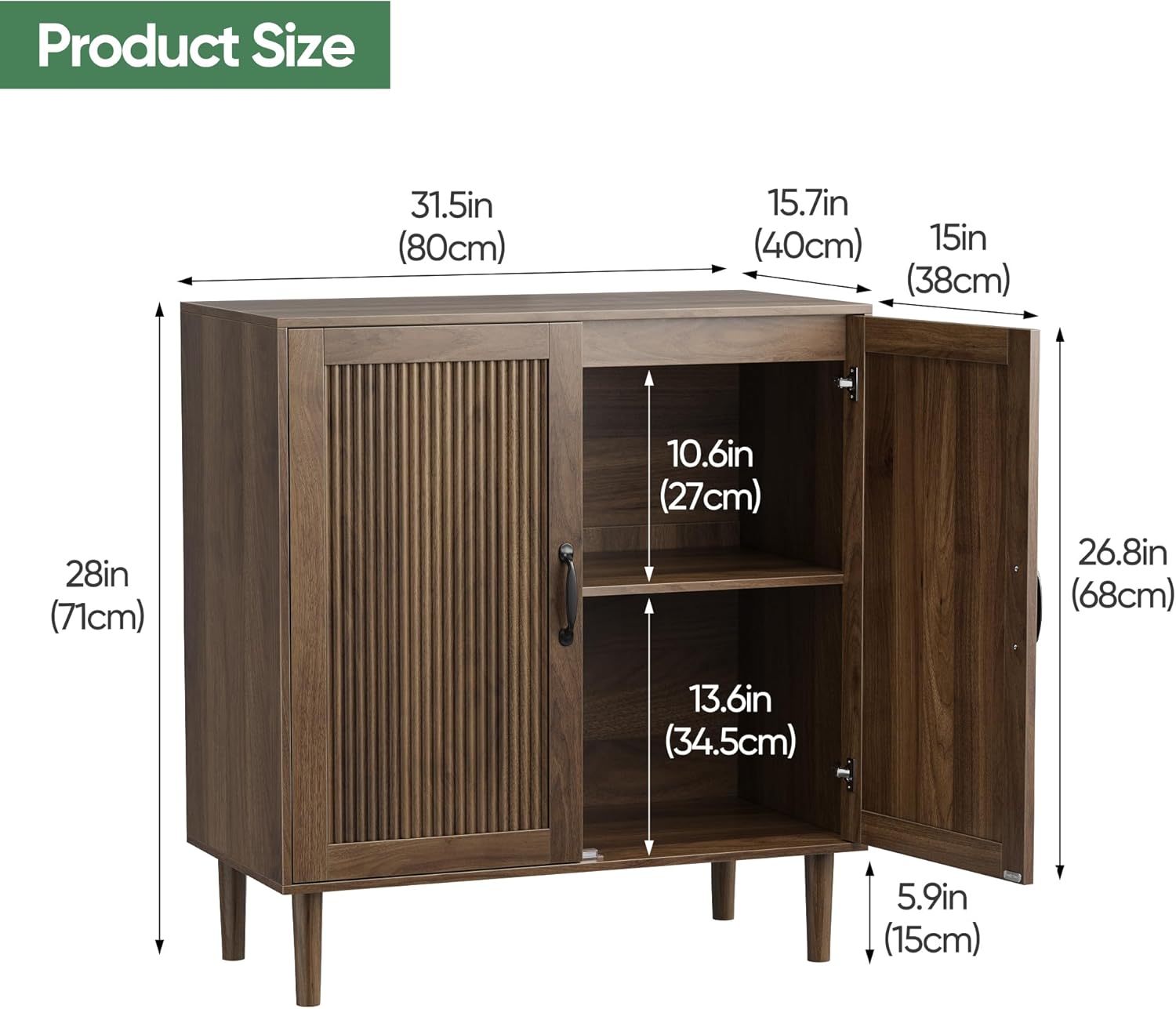 Sideboard Cabinet with Adjustable Shelf, Freestanding Small Buffet with Storage, Wooden Console Cabinet with Gradien Fluted Doors for Living Room, Entryway, Console 31.5 in (Walnut)