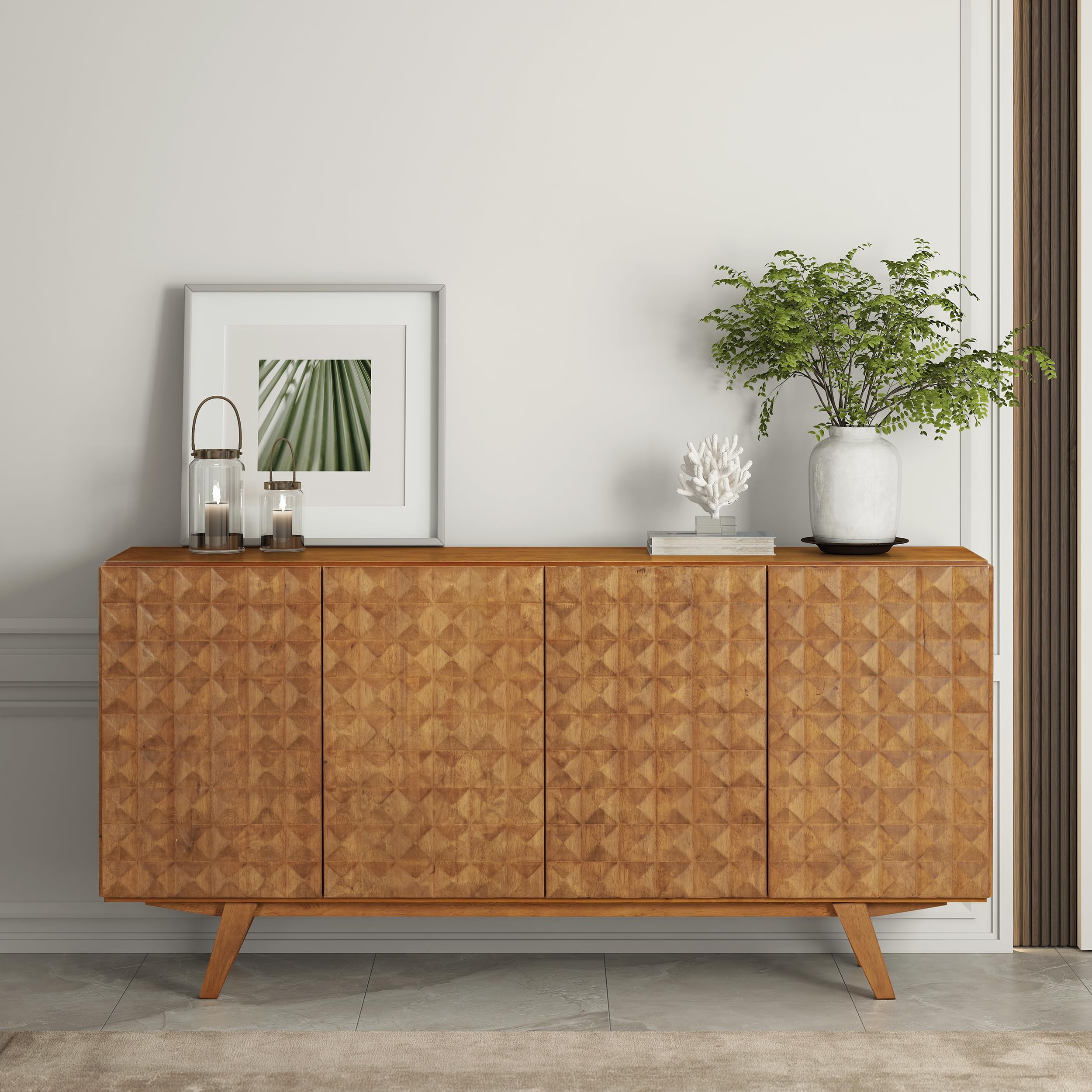 NTC Sapa Mid-Century Modern Solid Wood Sideboard – 4-Door Accent Buffet Cabinet with Carved Geometric Fronts, for Living Room, or Entryway, Effortless Assembly, Burnt Black