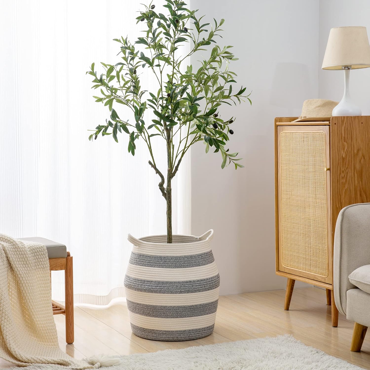 KAKAMAY Woven Baskets for Storage(17"x17"),Large Cotton Rope Basket Woven Baby Laundry Hamper,Collapsible Laundry Basket, Blanket Basket for Organizing Living Room,Nursery,Pillows,Toy Chest(Grey)