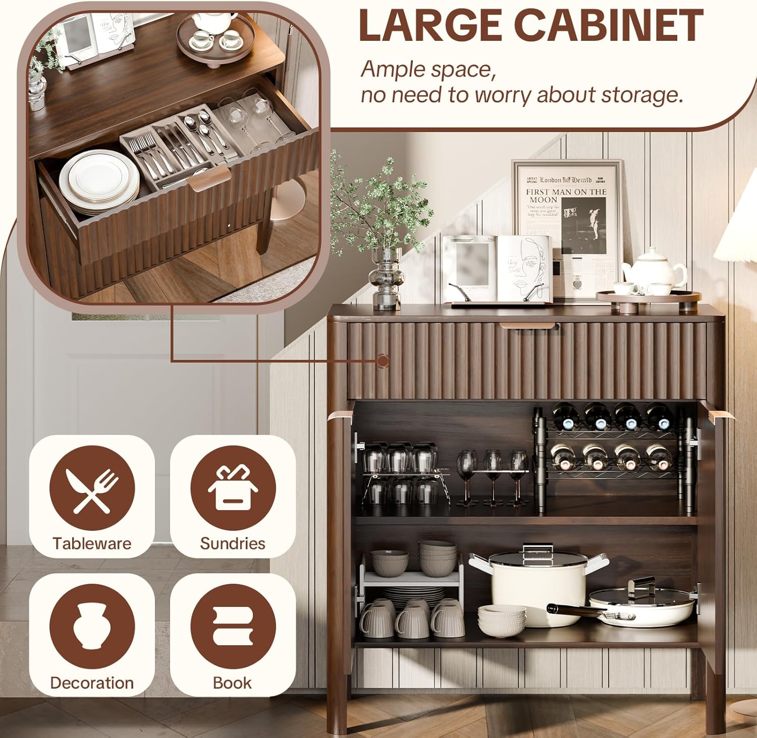 Fluted Buffet Cabinet with Storage - Modern Sideboard Accent Credenza with Doors & Drawer Wood Console Coffee Table Bar Counter for Living Room Kitchen Dining Room Entryway, Easy Assembly 31" Walnut