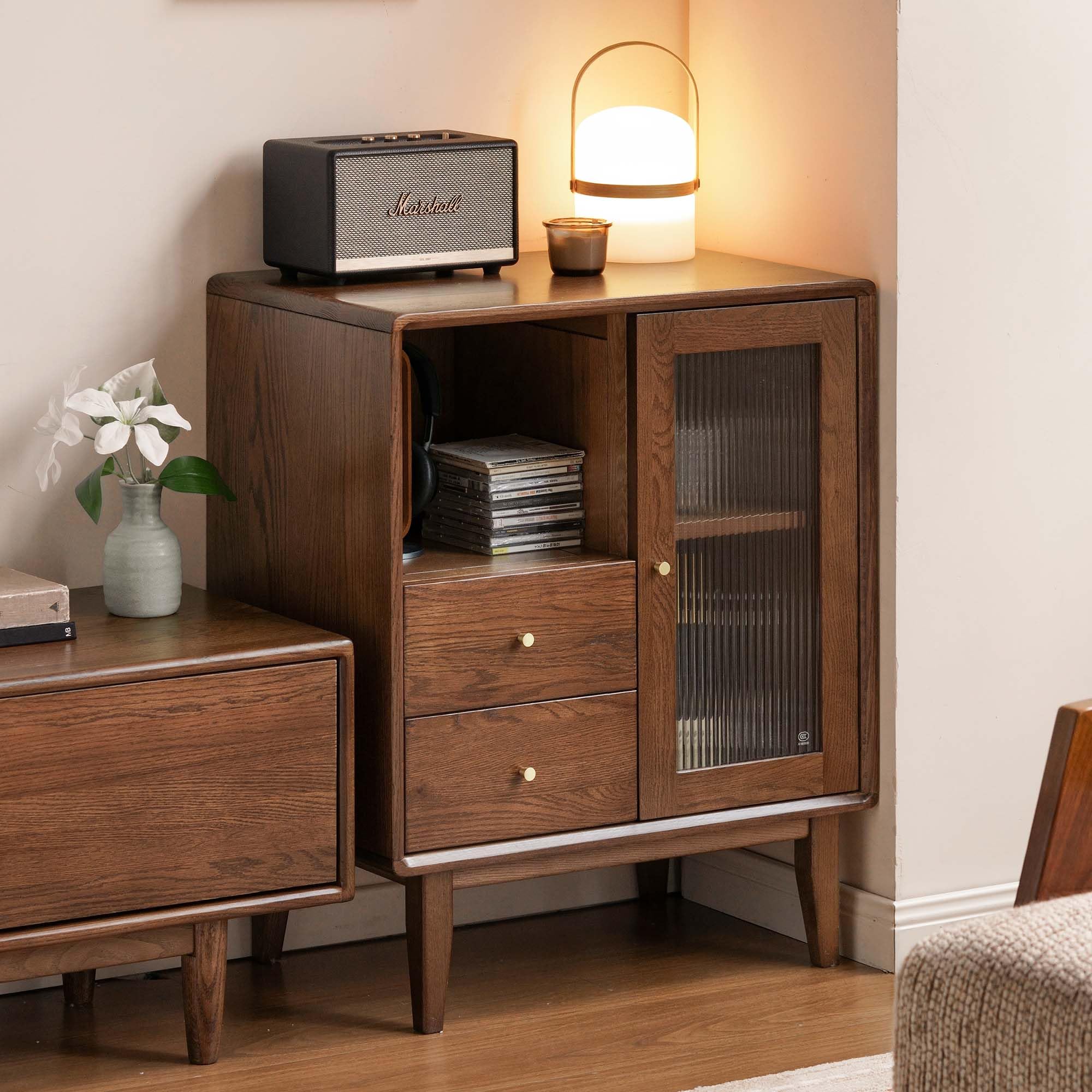 Sideboard Buffet Cabinet with Storage, 100% Solid Rubberwood Wood Coffee Bar with Glass Door & 2 Drawers, Wooden Kitchen Display Cabinet with Adjustable Shelf for Dining Room, Living Room