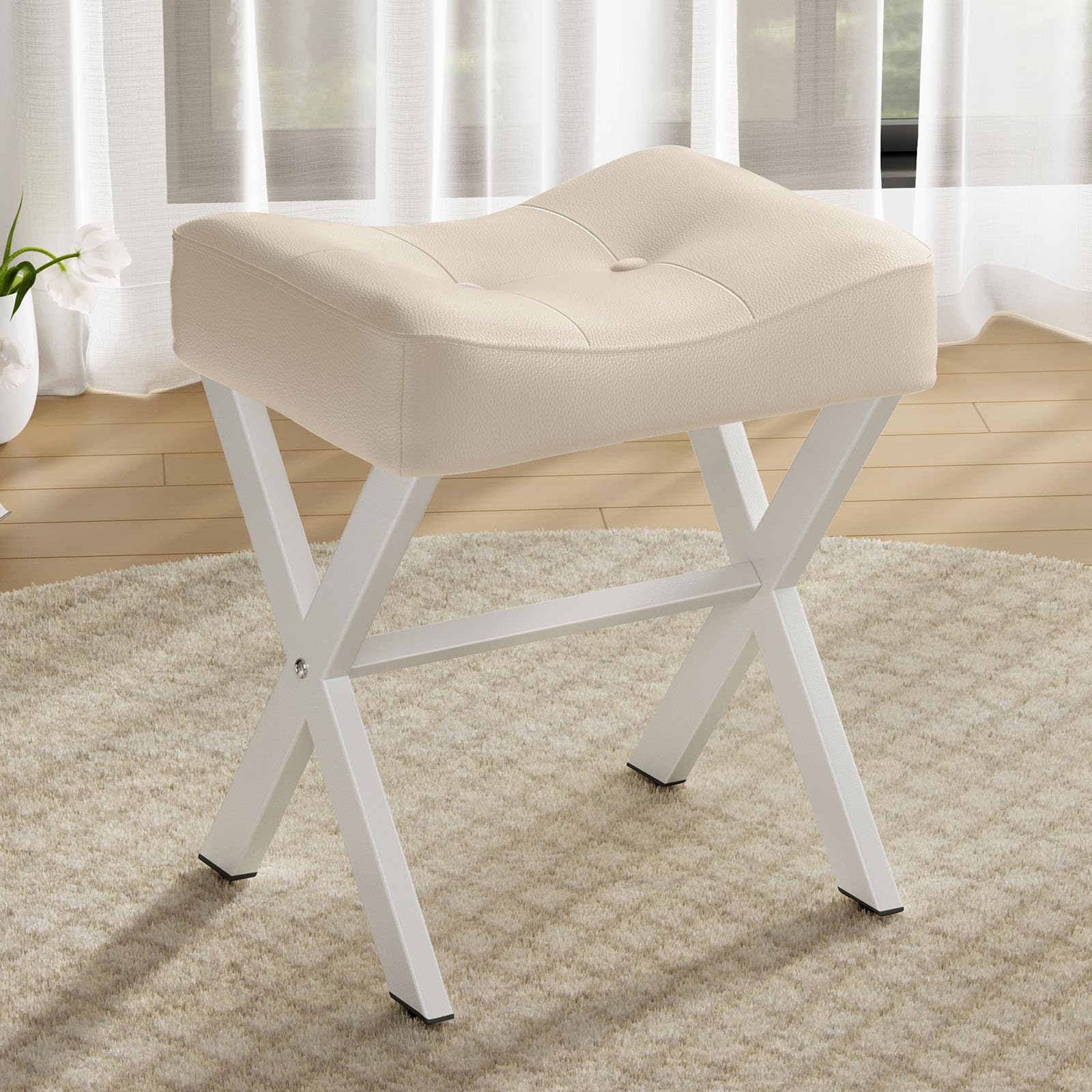 18-Inch Leather Vanity Stool Chair, Vanity Bench with Metal X-Leg, Ottoman Accent Stool with Thick Padded Saddle Seat, Black