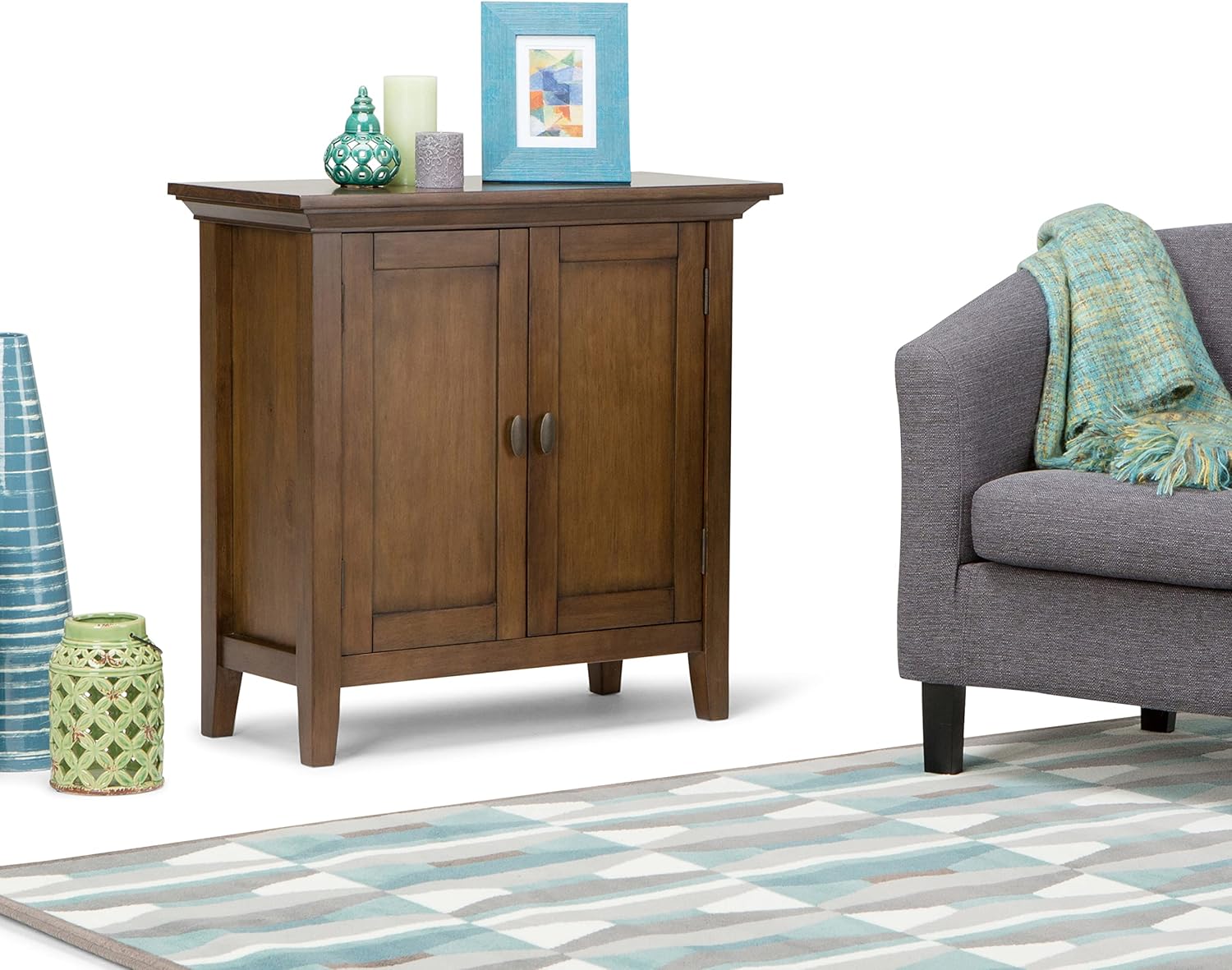 SIMPLIHOME Redmond SOLID WOOD 32 inch Wide Transitional Low Storage Cabinet in Rustic Natural Aged Brown for the Living Room, Entryway and Family Room