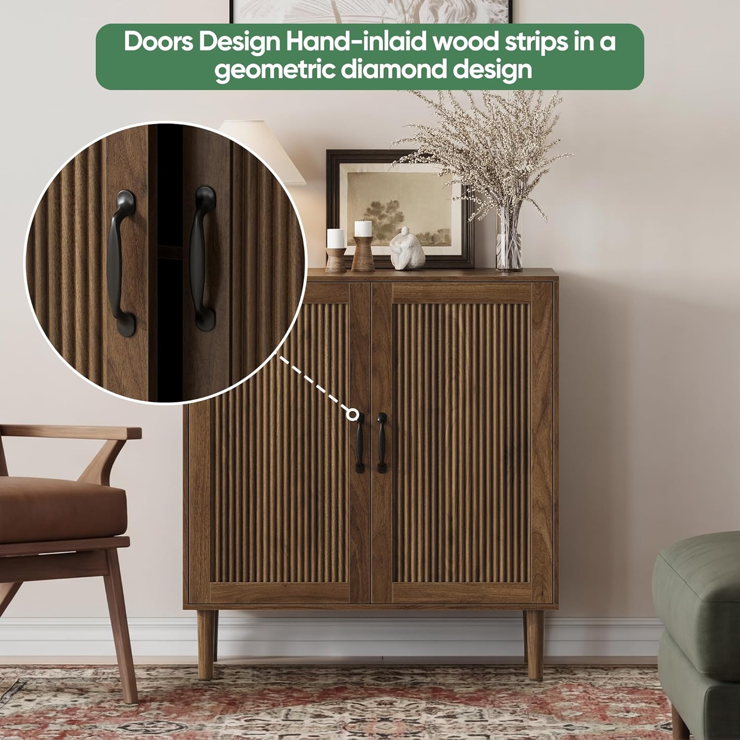 Sideboard Cabinet with Adjustable Shelf, Freestanding Small Buffet with Storage, Wooden Console Cabinet with Gradien Fluted Doors for Living Room, Entryway, Console 31.5 in (Walnut)