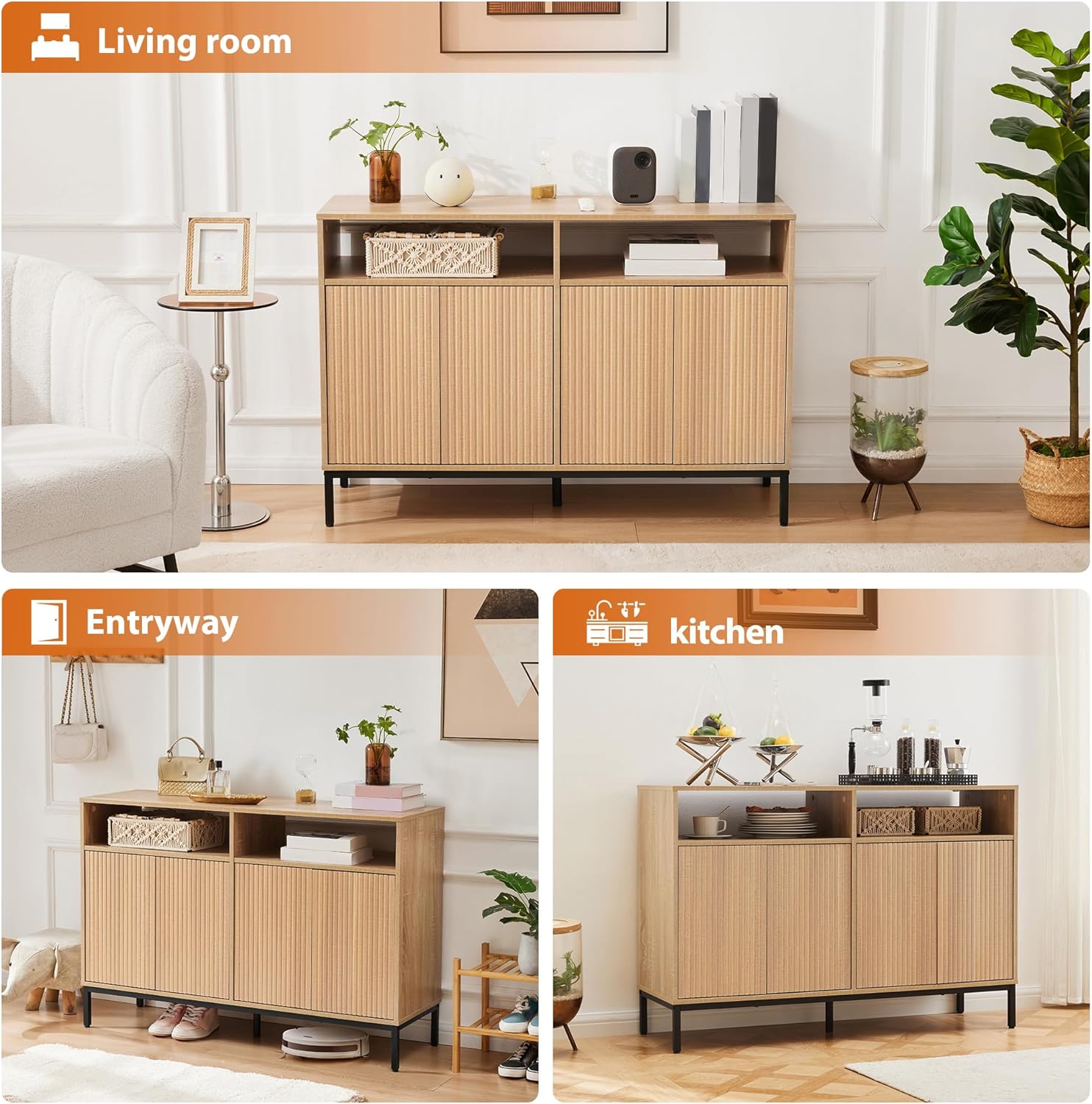 Mericonia Farmhouse Buffet Sideboard Cabinet with Storage, Fluted Coffee Bar with Doors and Adjustable Shelves, Modern Wood Console Cabinet for Kitchen, Livingroom (Fluted 4 Door, Natural)