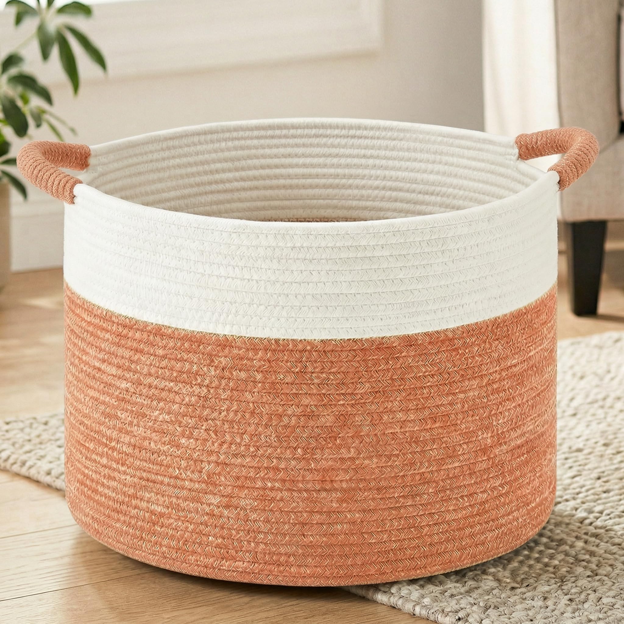 70L Large Cotton Rope Basket, Decorative Woven Blanket Storage for Living Room, Boho Toy Storage & Toy Box for Kids, Versatile Laundry Basket & Nursery Hamper for Blankets(Brown)