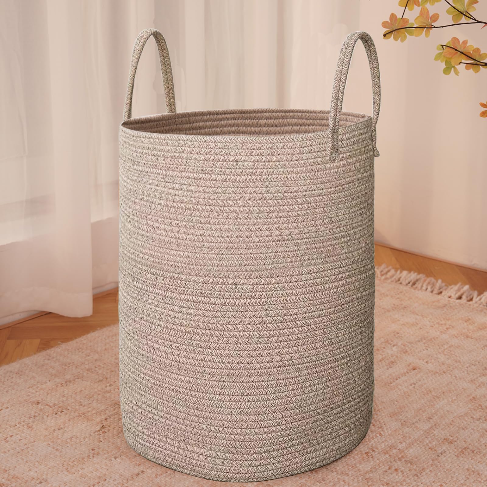 Large Woven Laundry Basket Hamper,60L Cotton Rope Storage Bin for Blankets,Toys and Clothes,Decorative Tall Nursery Hamper for Living Room,Baby Nursery,Bathroom and Bedroom,Brown