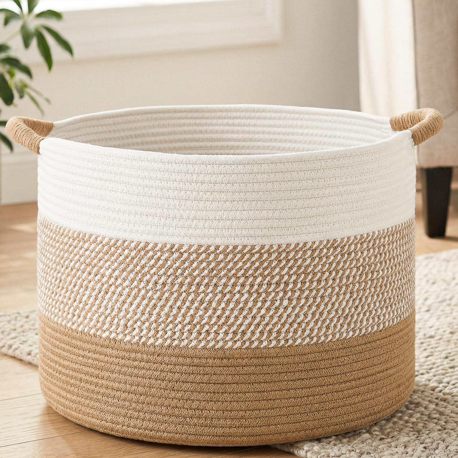 70L Large Cotton Rope Basket, Decorative Woven Blanket Storage for Living Room, Boho Toy Storage & Toy Box for Kids, Versatile Laundry Basket & Nursery Hamper for Blankets(Brown)
