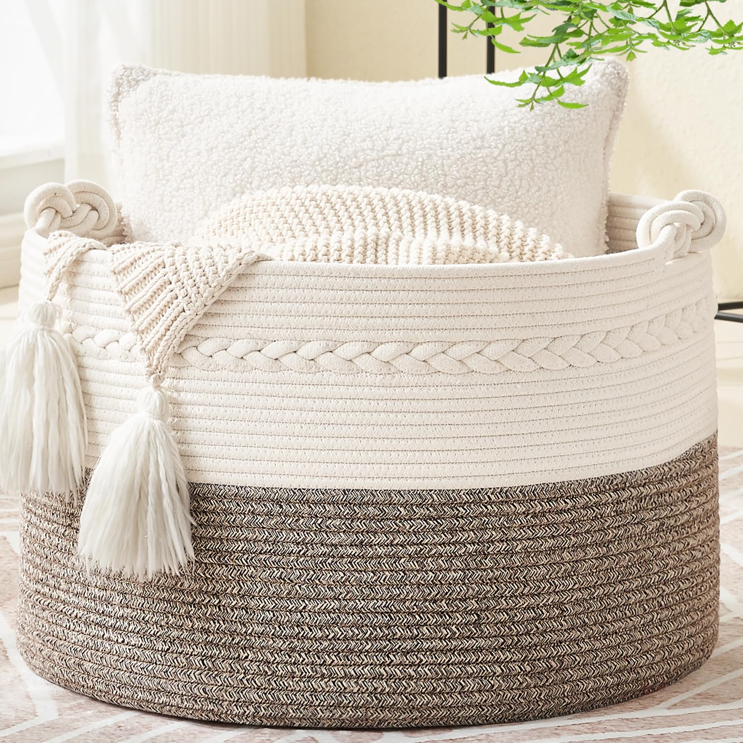 KAKAMAY Large Blanket Basket (20"x13"),Woven Baskets for storage Baby Laundry Hamper, Cotton Rope Blanket Basket for Living Room, Laundry, Nursery, Pillows, Baby Toy chest (White/Brown)