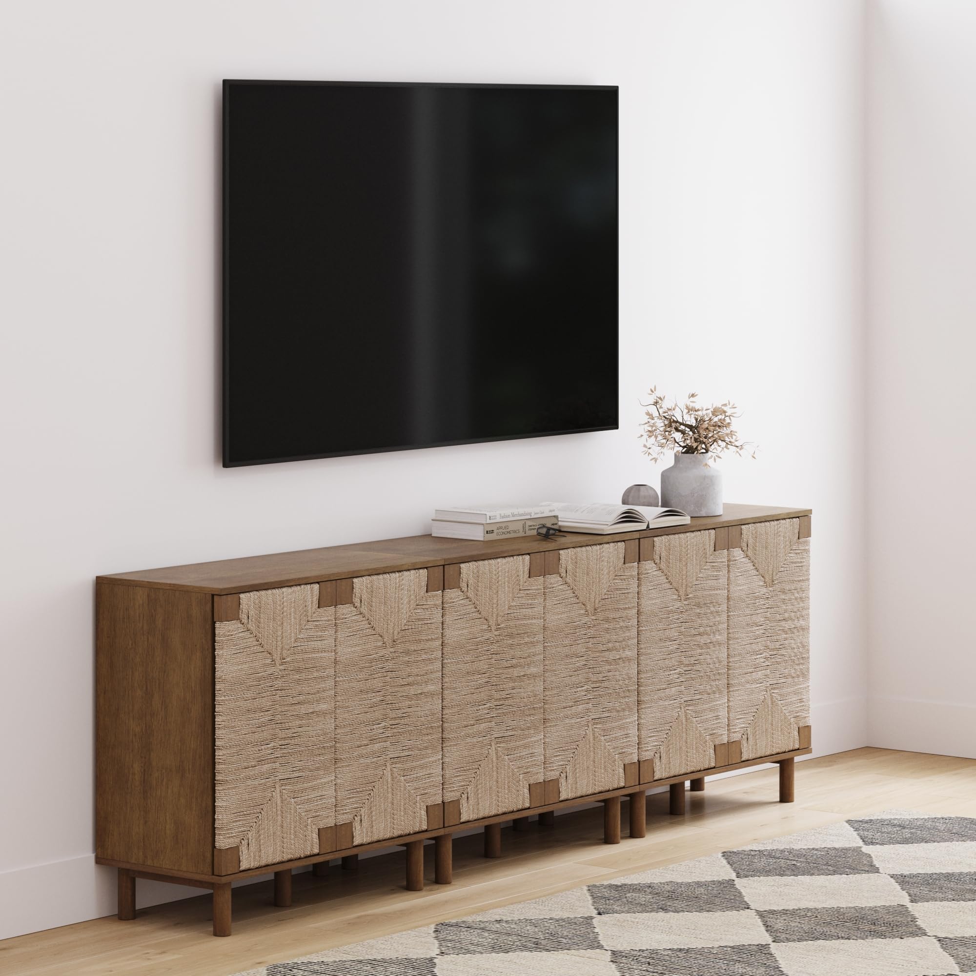 Nathan James Beacon Accent Natural Sideboard Storage Cabinet in Light Wood with Adjustable Interior Shelf and Seagrass Doors, for Hallway, Entryway or Dining Room, Light Brown