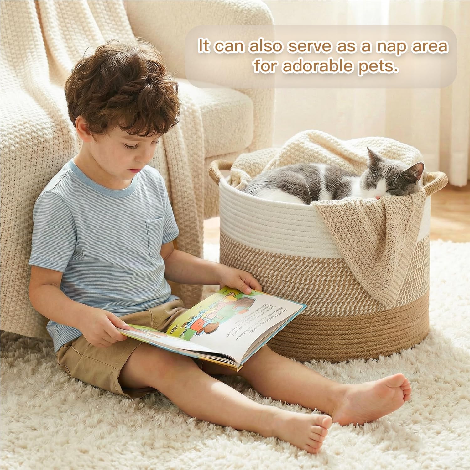 70L Large Cotton Rope Basket, Decorative Woven Blanket Storage for Living Room, Boho Toy Storage & Toy Box for Kids, Versatile Laundry Basket & Nursery Hamper for Blankets(Brown)