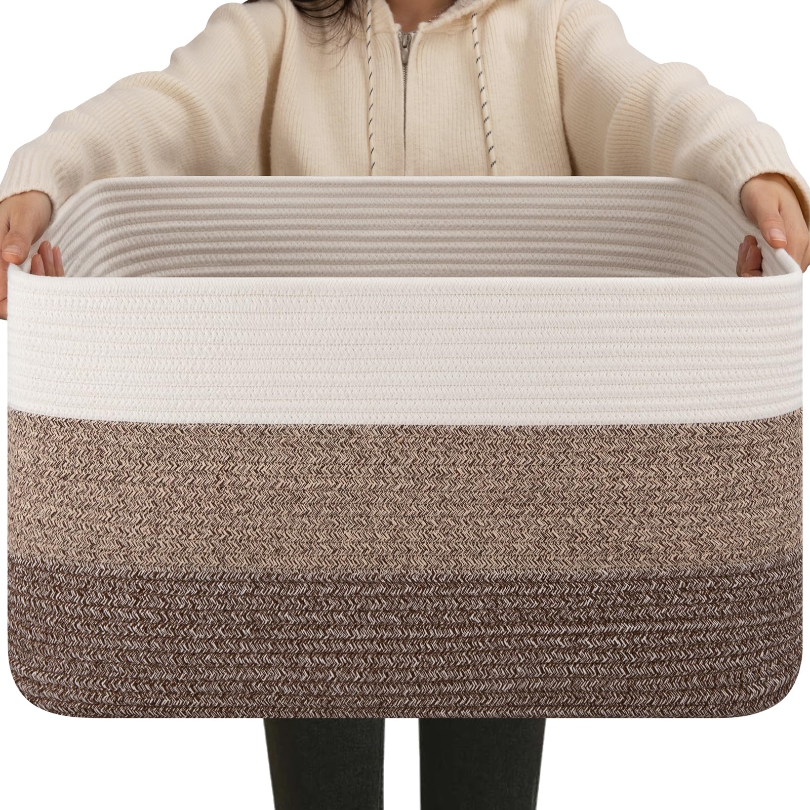 OIAHOMY Large Blanket Basket, 22”x17”x12” Rectangle Woven Baskets, Nursery Blanket Storage Living Room, Toy Storage With Handle, Large Baskets for Organizing-Gradient Yellow