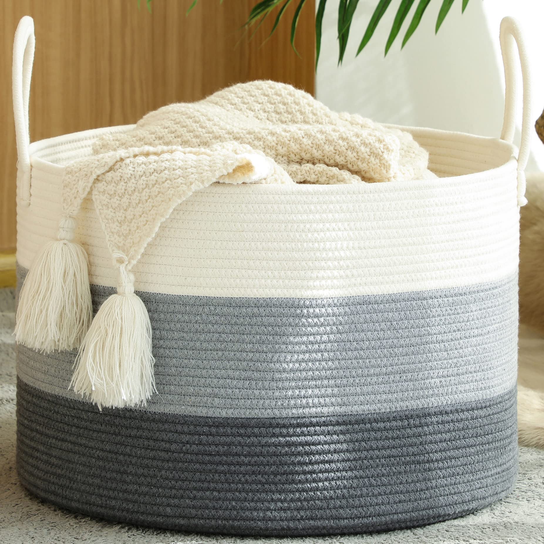KAKAMAY Large Blanket Basket (20"x13"),Woven Baskets for storage Baby Laundry Hamper, Cotton Rope Blanket Basket for Living Room, Laundry, Nursery, Pillows, Baby Toy chest (White/Brown)