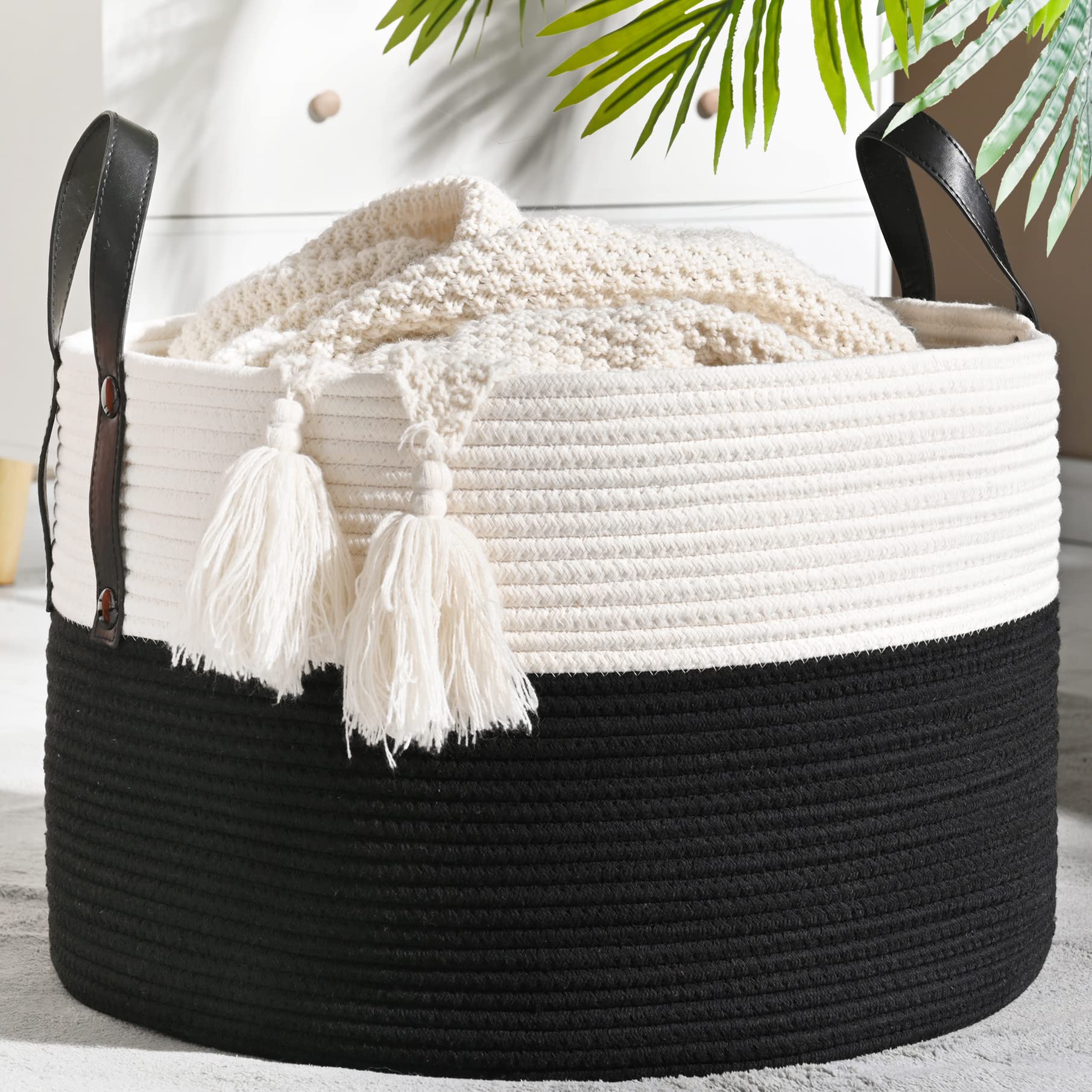 KAKAMAY Large Blanket Basket (20"x13"),Woven Baskets for storage Baby Laundry Hamper, Cotton Rope Blanket Basket for Living Room, Laundry, Nursery, Pillows, Baby Toy chest (White/Brown)