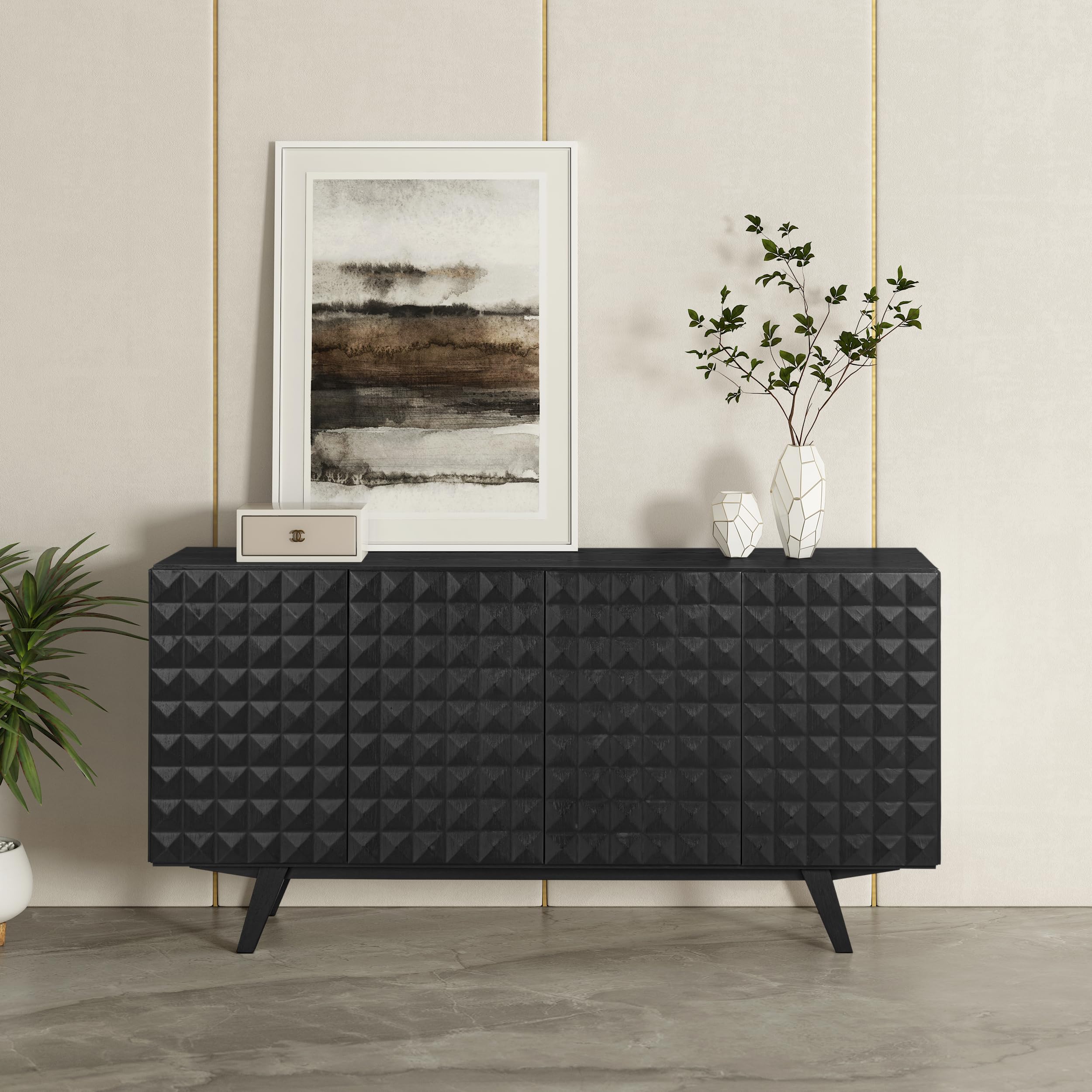 NTC Sapa Mid-Century Modern Solid Wood Sideboard – 4-Door Accent Buffet Cabinet with Carved Geometric Fronts, for Living Room, or Entryway, Effortless Assembly, Burnt Black