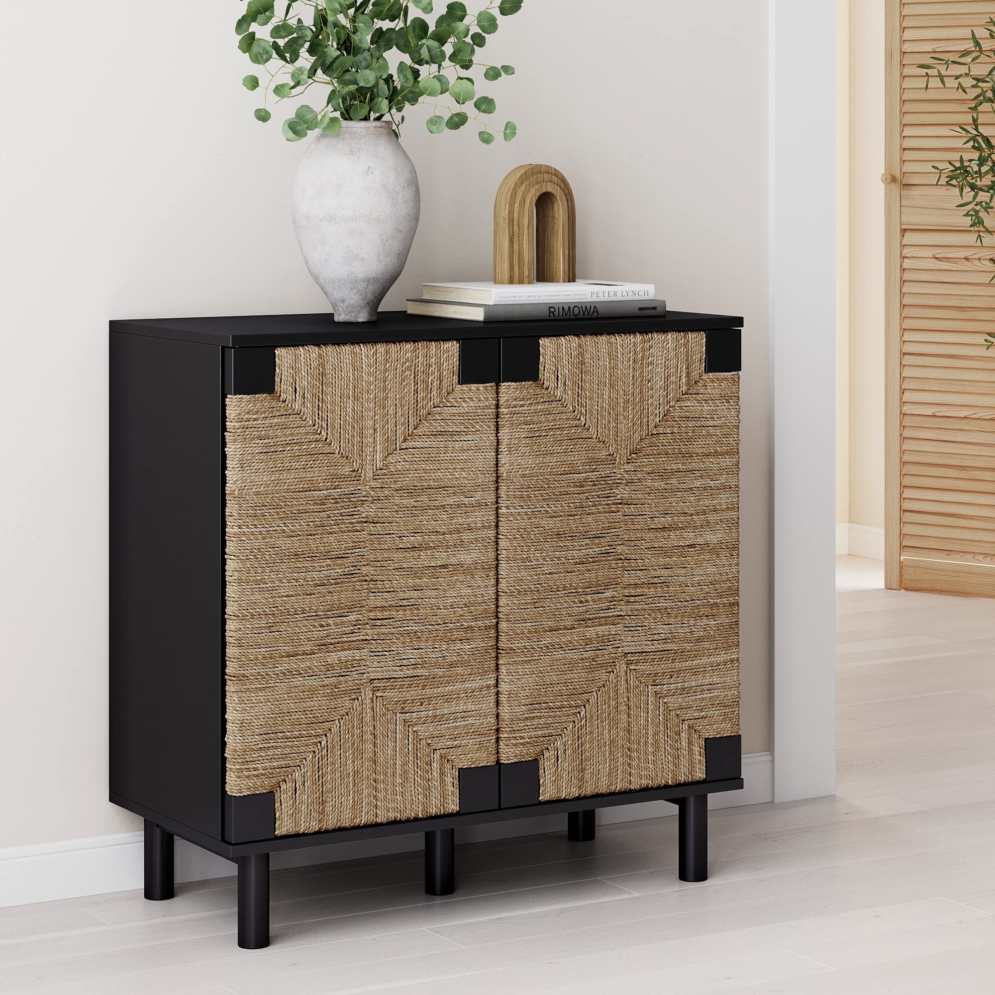 Nathan James Beacon Accent Natural Sideboard Storage Cabinet in Light Wood with Adjustable Interior Shelf and Seagrass Doors, for Hallway, Entryway or Dining Room, Light Brown
