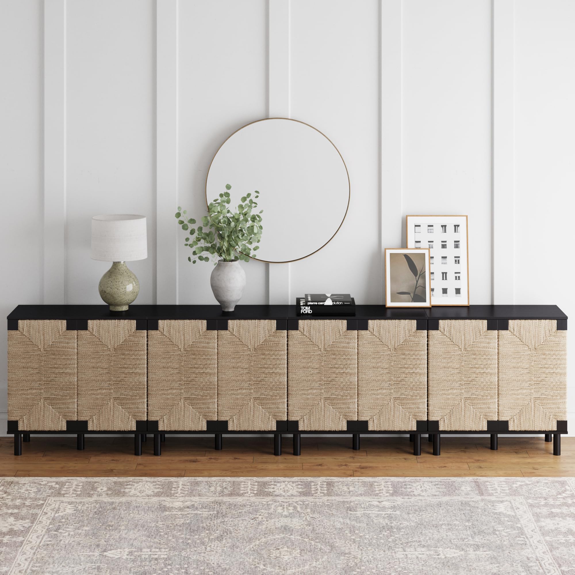 Nathan James Beacon Accent Natural Sideboard Storage Cabinet in Light Wood with Adjustable Interior Shelf and Seagrass Doors, for Hallway, Entryway or Dining Room, Light Brown