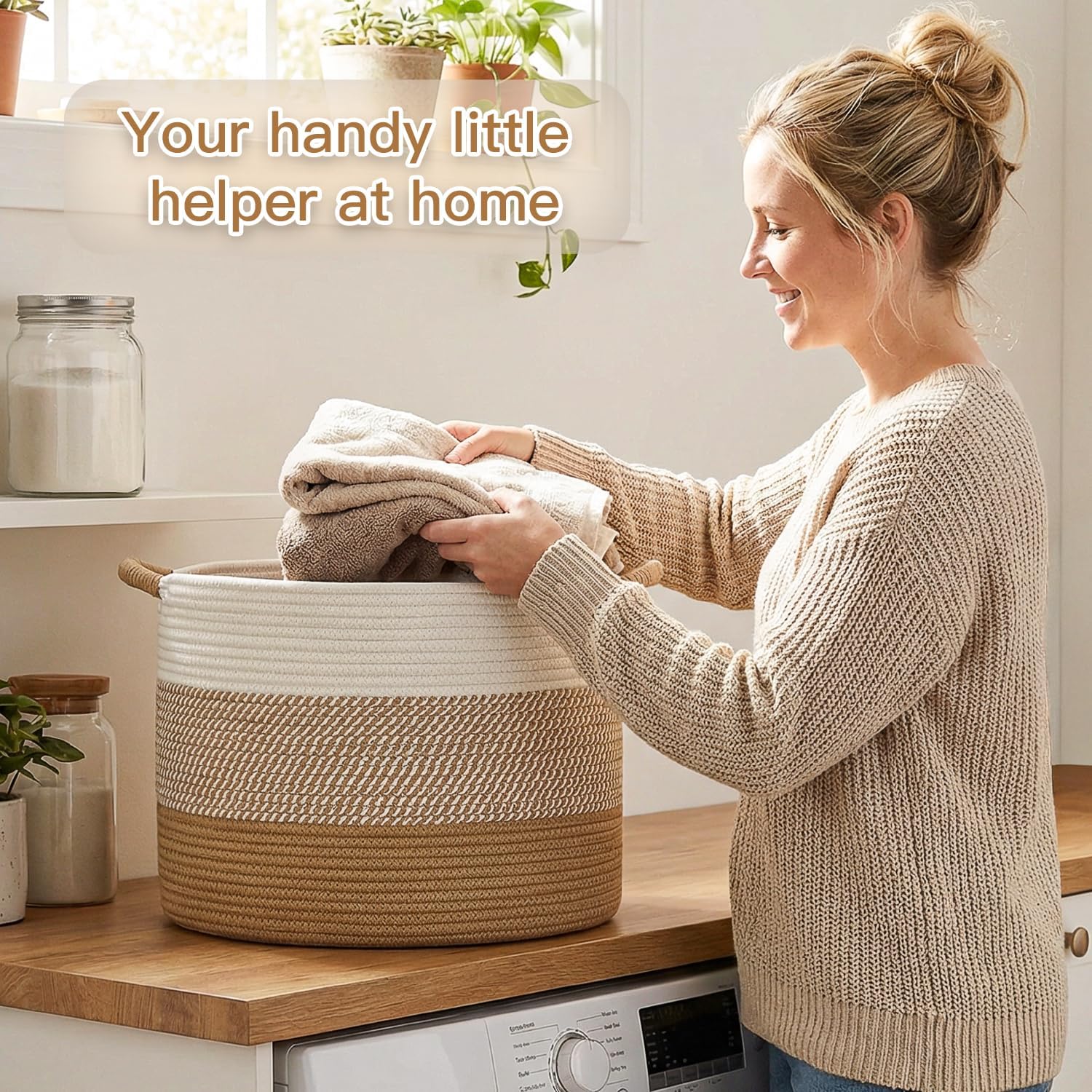 70L Large Cotton Rope Basket, Decorative Woven Blanket Storage for Living Room, Boho Toy Storage & Toy Box for Kids, Versatile Laundry Basket & Nursery Hamper for Blankets(Brown)