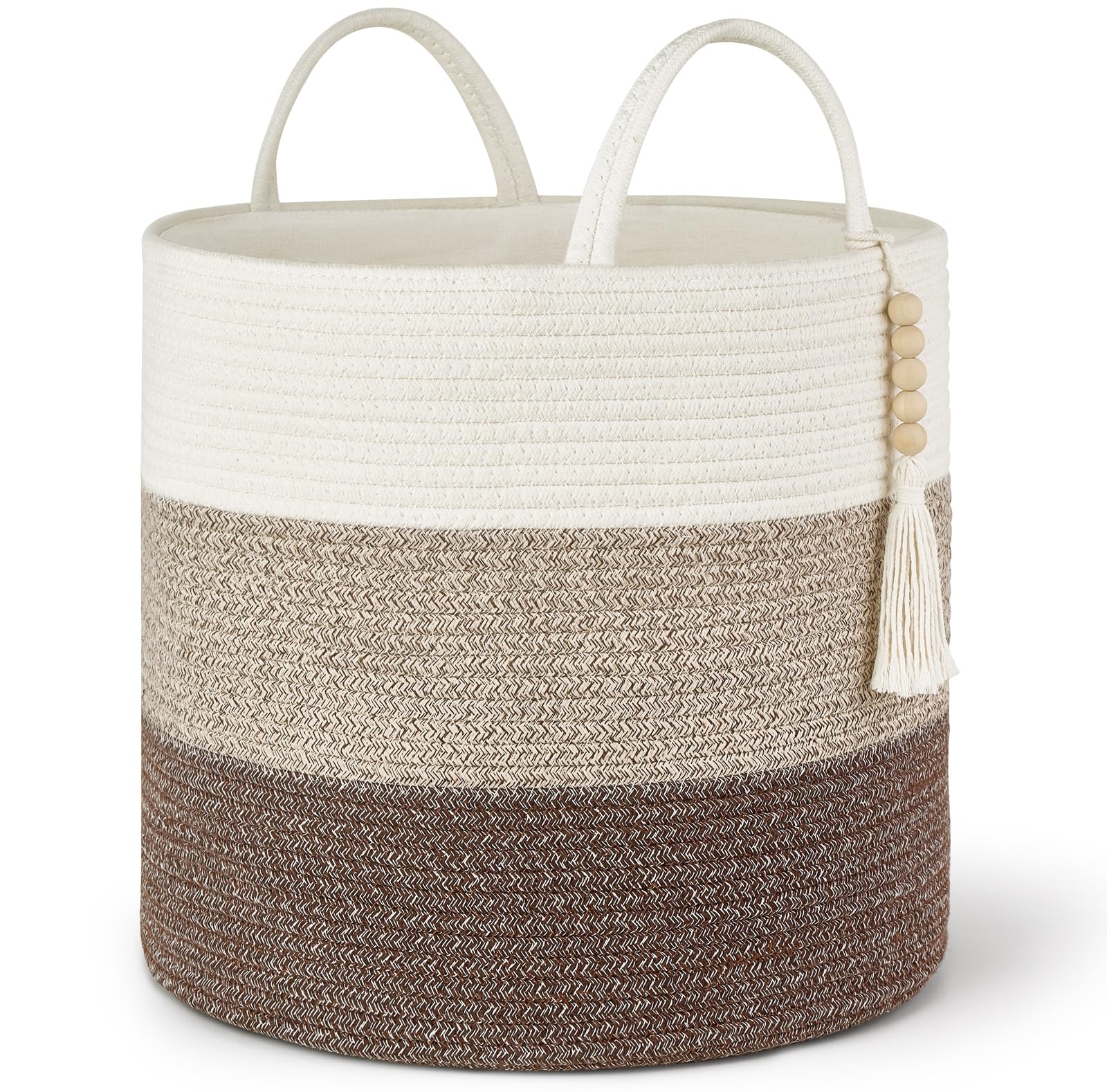 Mkono Woven Storage Basket Decorative Natural Rope Basket Wooden Bead Decoration for Blankets,Toys,Clothes,Shoes,Plant Organizer Bin with Handles Living Room Home Decor, Jute, 16" W × 13.8"L