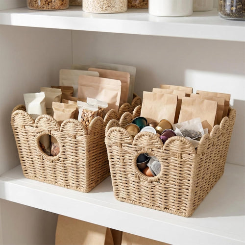 2 Pack Scalloped Wicker Baskets for Shelves, Paper Rope Storage Baskets for Organizing with Handles, Decorative Woven Baskets for Bathroom, Closet, Nursery