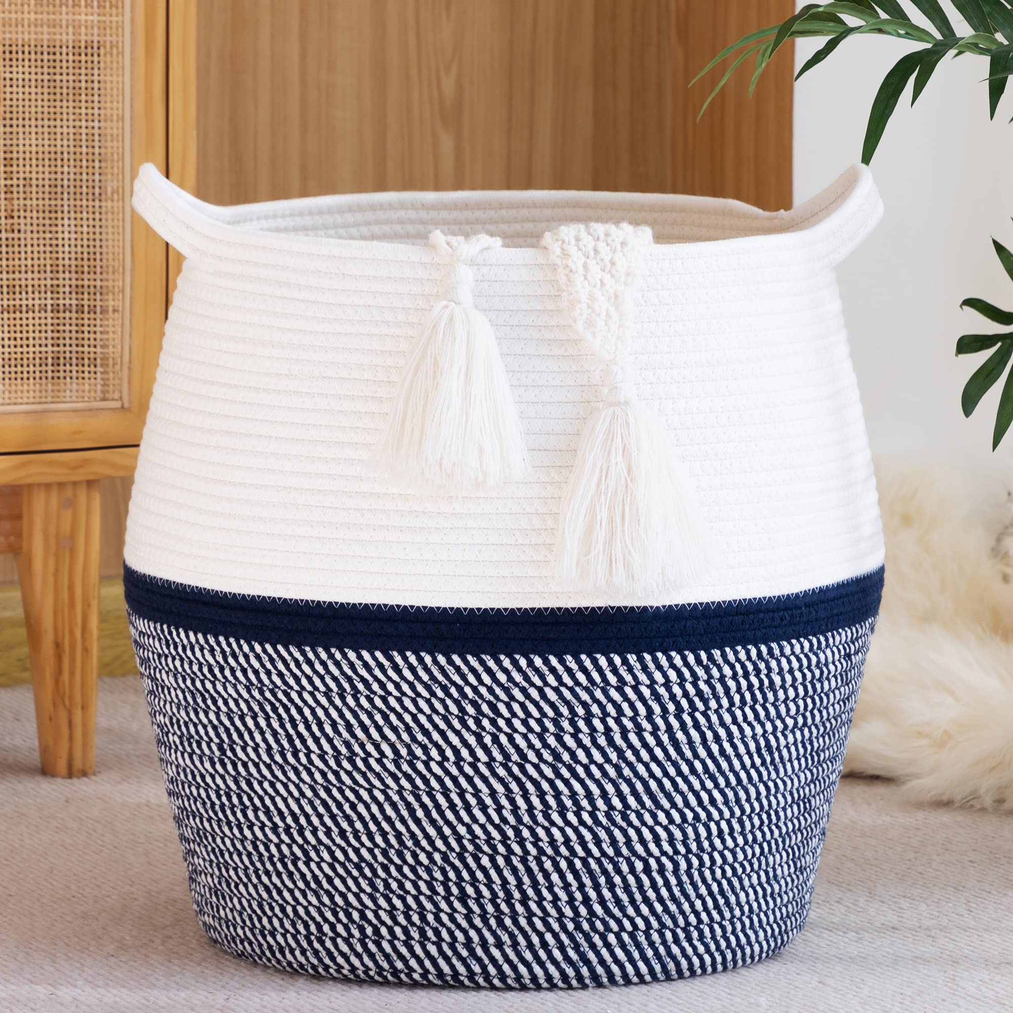 KAKAMAY Woven Baskets for Storage(17"x17"),Large Cotton Rope Basket Woven Baby Laundry Hamper,Collapsible Laundry Basket, Blanket Basket for Organizing Living Room,Nursery,Pillows,Toy Chest(Grey)