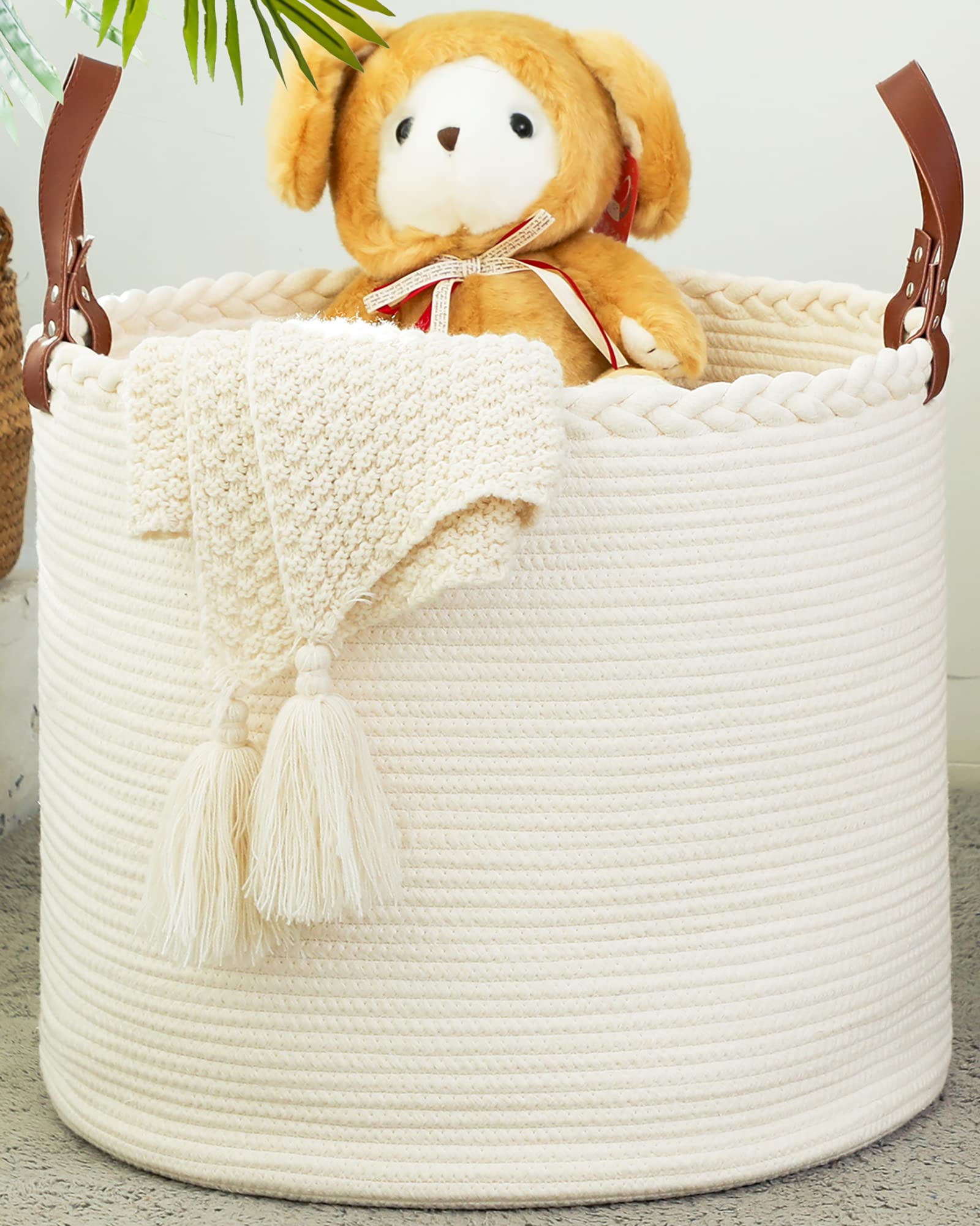 KAKAMAY Large Blanket Basket (18"x18"x16"),Woven Baby Laundry Hamper for Storage, Cotton Rope Blankets Baskets for Nursery, Laundry, Living Room, Pillows, Baby Toy chest with Handles (Light Brown)