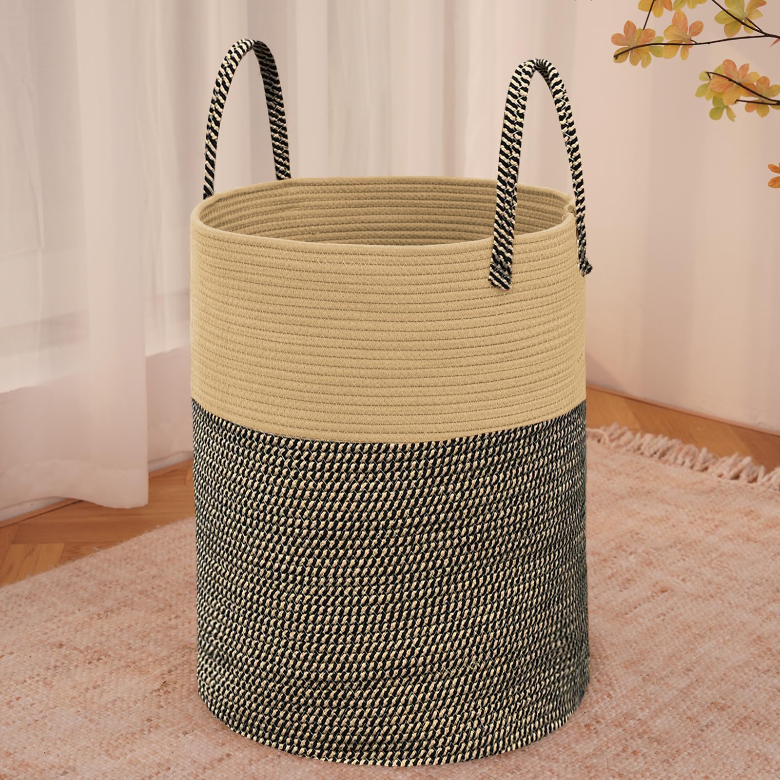 Large Woven Laundry Basket Hamper,60L Cotton Rope Storage Bin for Blankets,Toys and Clothes,Decorative Tall Nursery Hamper for Living Room,Baby Nursery,Bathroom and Bedroom,Brown