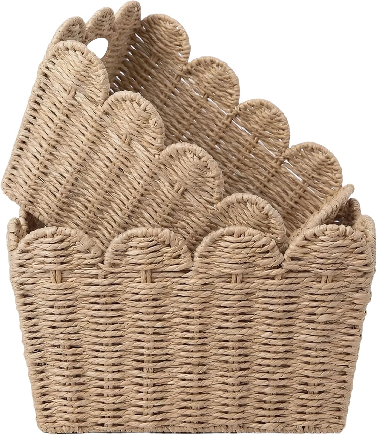 2 Pack Scalloped Wicker Baskets for Shelves, Paper Rope Storage Baskets for Organizing with Handles, Decorative Woven Baskets for Bathroom, Closet, Nursery