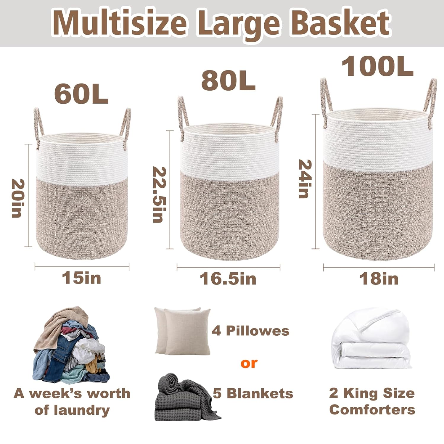 Large Woven Laundry Basket Hamper,60L Cotton Rope Storage Bin for Blankets,Toys and Clothes,Decorative Tall Nursery Hamper for Living Room,Baby Nursery,Bathroom and Bedroom,Brown