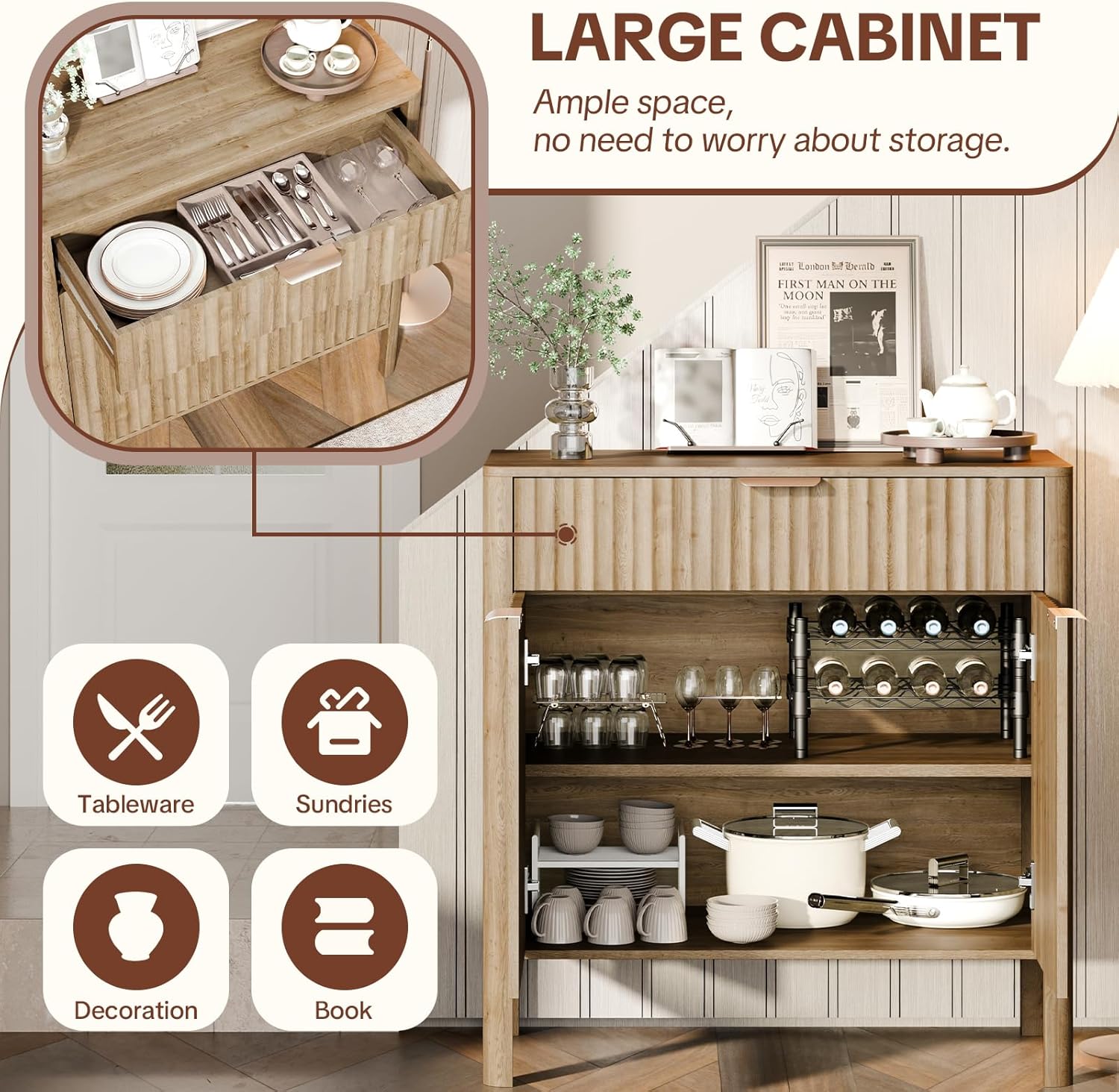 Fluted Buffet Cabinet with Storage - Modern Sideboard Accent Credenza with Doors & Drawer Wood Console Coffee Table Bar Counter for Living Room Kitchen Dining Room Entryway, Easy Assembly 31" Oak