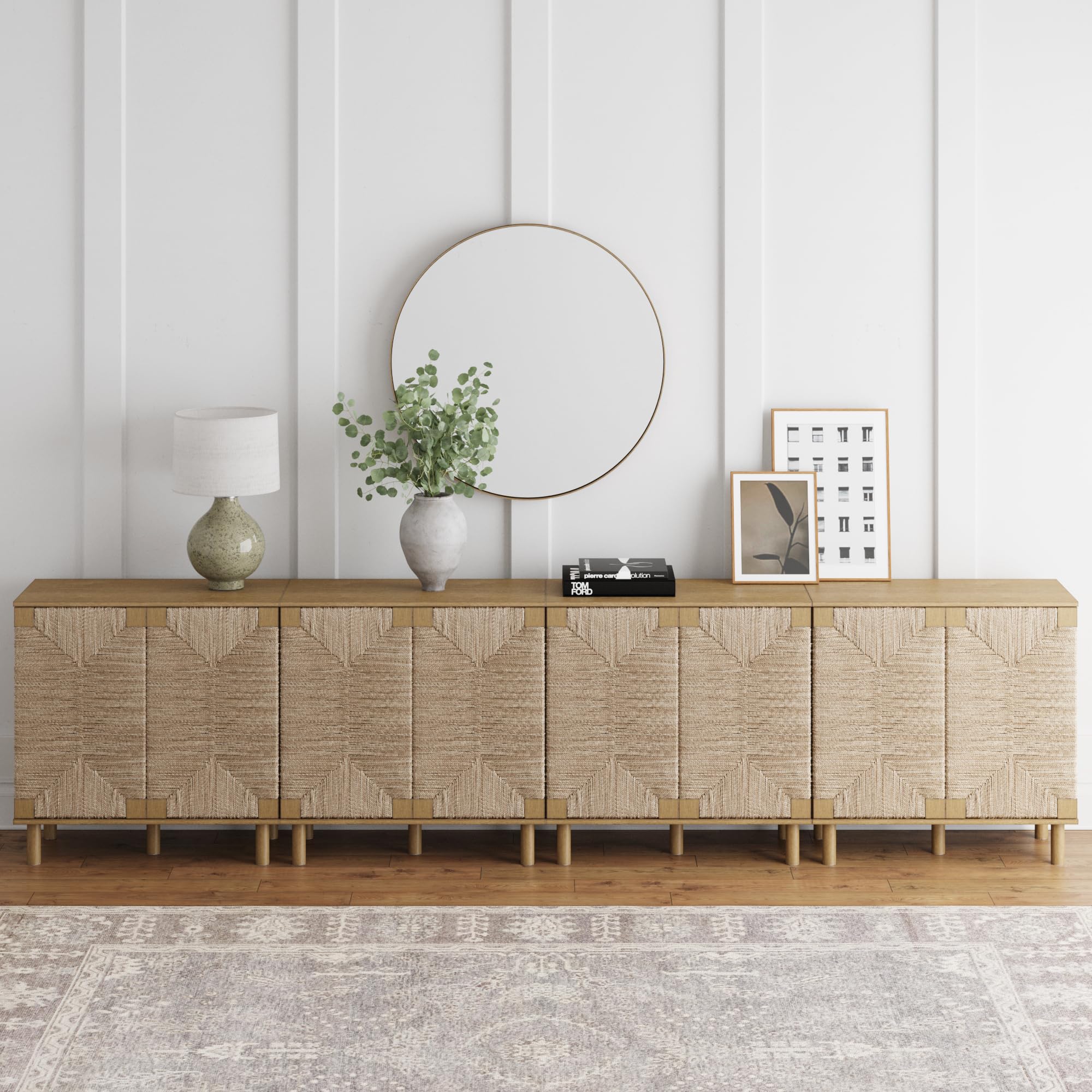 Nathan James Beacon Accent Natural Sideboard Storage Cabinet in Light Wood with Adjustable Interior Shelf and Seagrass Doors, for Hallway, Entryway or Dining Room, Light Brown