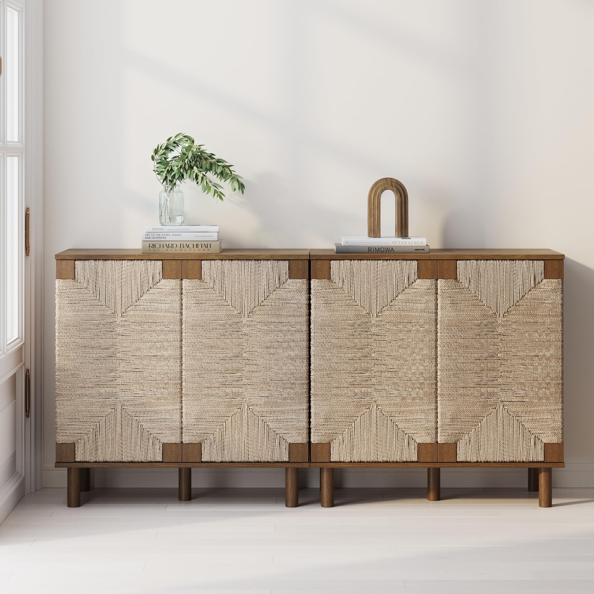 Nathan James Beacon Accent Natural Sideboard Storage Cabinet in Light Wood with Adjustable Interior Shelf and Seagrass Doors, for Hallway, Entryway or Dining Room, Light Brown