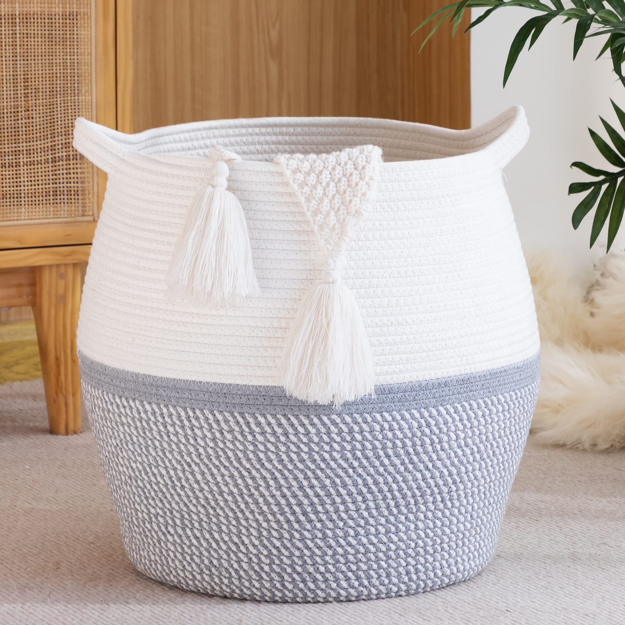 KAKAMAY Woven Baskets for Storage(17"x17"),Large Cotton Rope Woven Baby Laundry Hamper,Collapsible Laundry Basket, Blanket Basket for Organizing Living Room,Nursery,Clothes,Toy chest (Black)